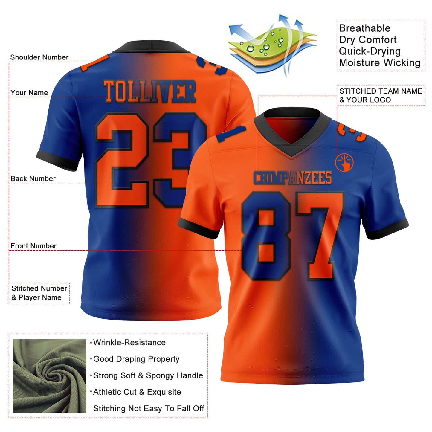 Custom Royal Orange-Black Mesh Authentic Gradient Fashion Football Jersey - Sky-Custom