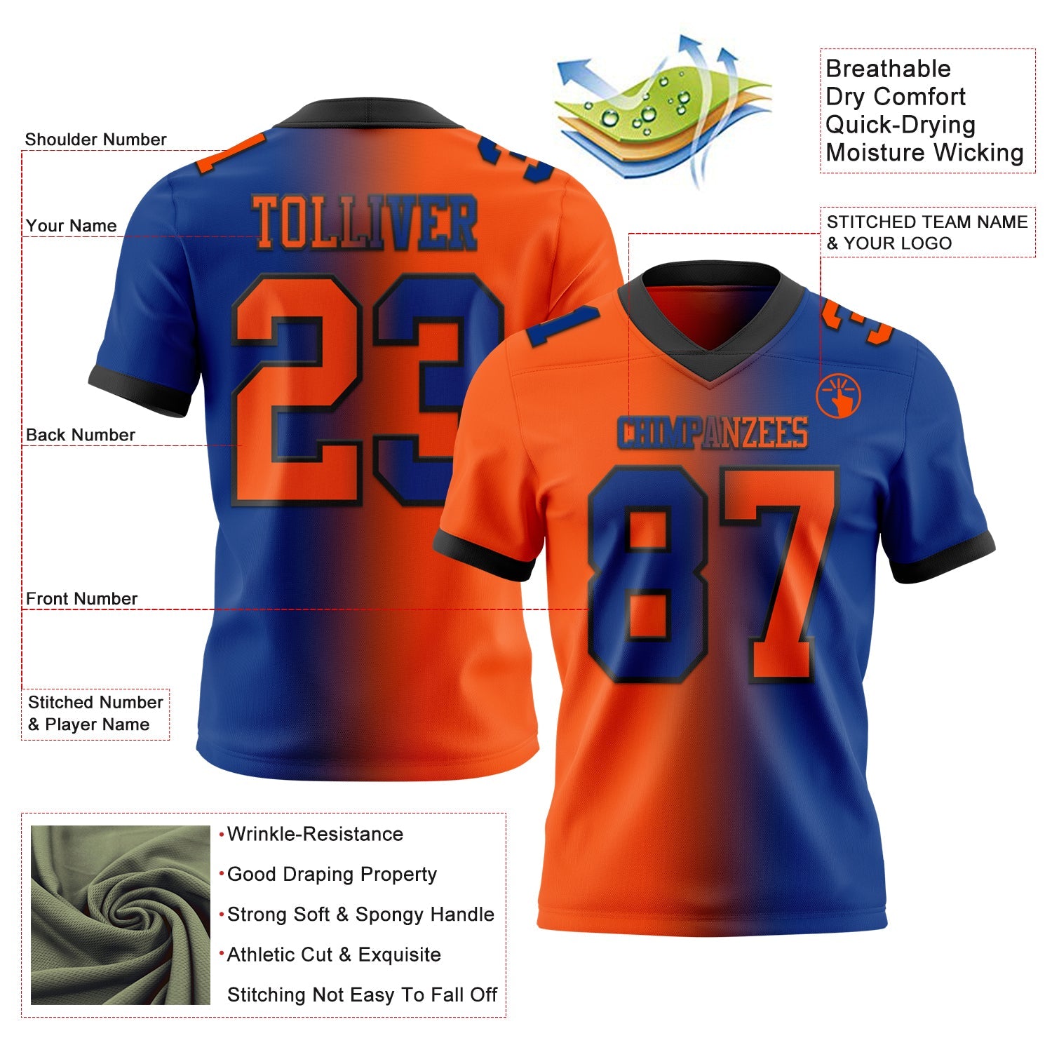 Custom Royal Orange-Black Mesh Authentic Gradient Fashion Football Jersey - Sky-Custom