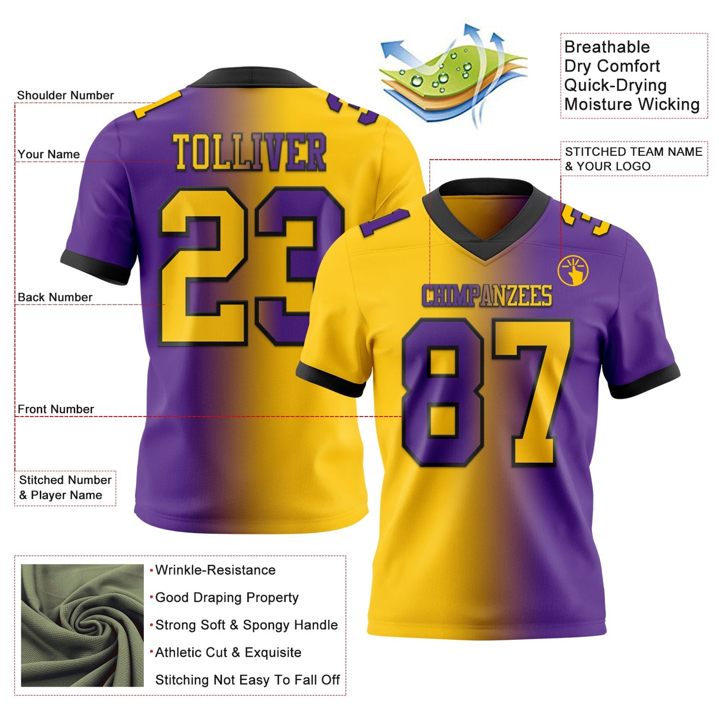 Custom Purple Yellow-Black Mesh Authentic Gradient Fashion Football Jersey - Sky-Custom