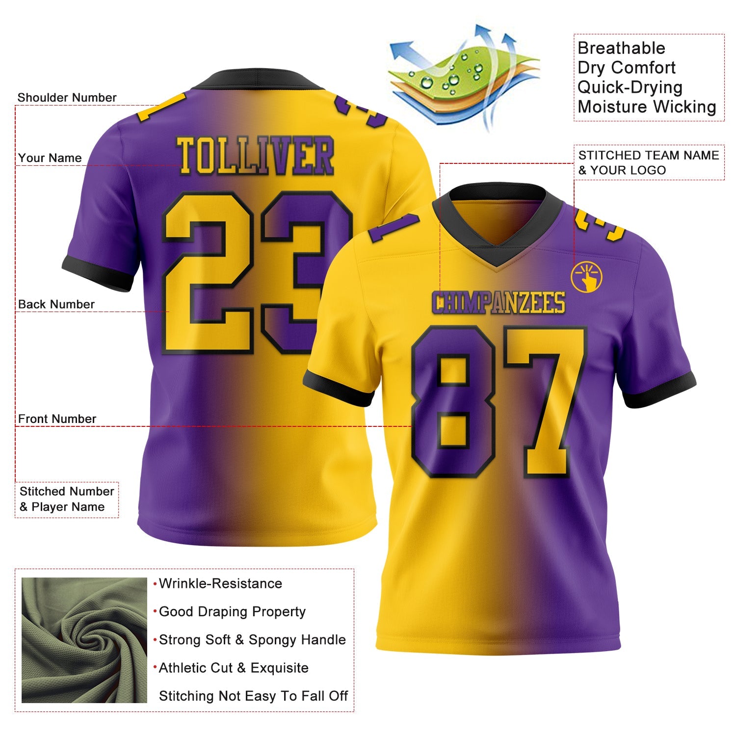 Custom Purple Yellow-Black Mesh Authentic Gradient Fashion Football Jersey - Sky-Custom