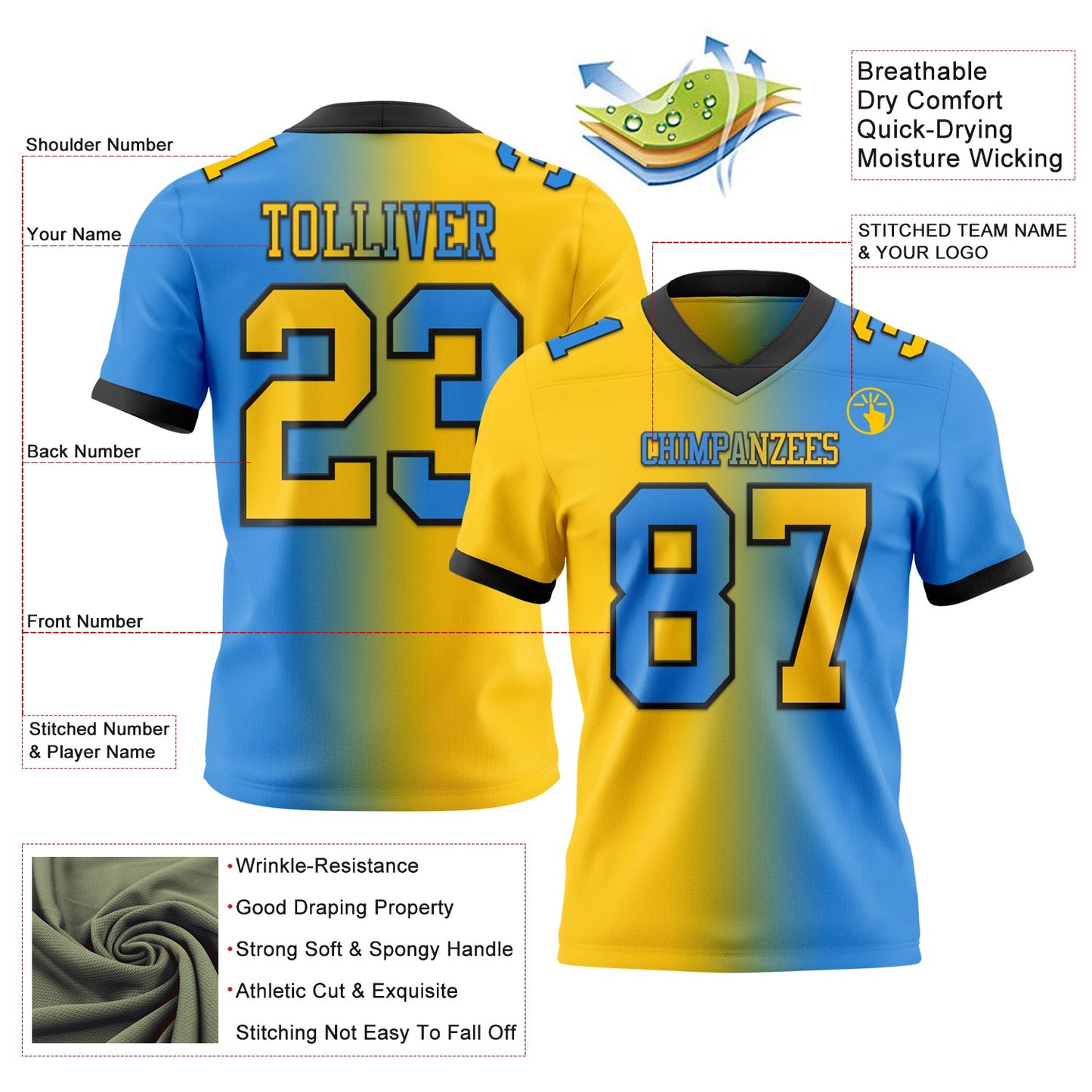 Custom Powder Blue Yellow-Black Mesh Authentic Gradient Fashion Football Jersey - Sky-Custom