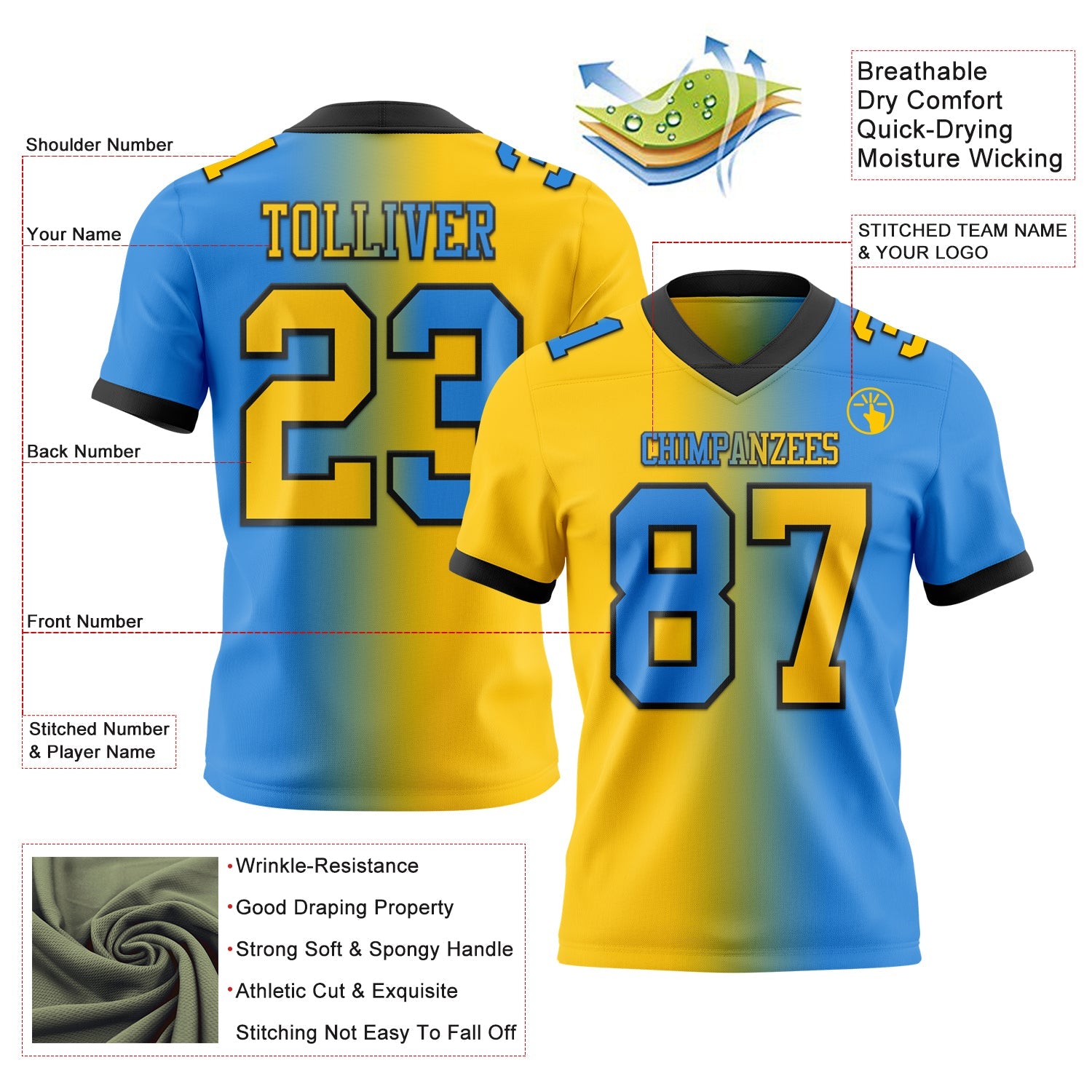 Custom Powder Blue Yellow-Black Mesh Authentic Gradient Fashion Football Jersey - Sky-Custom