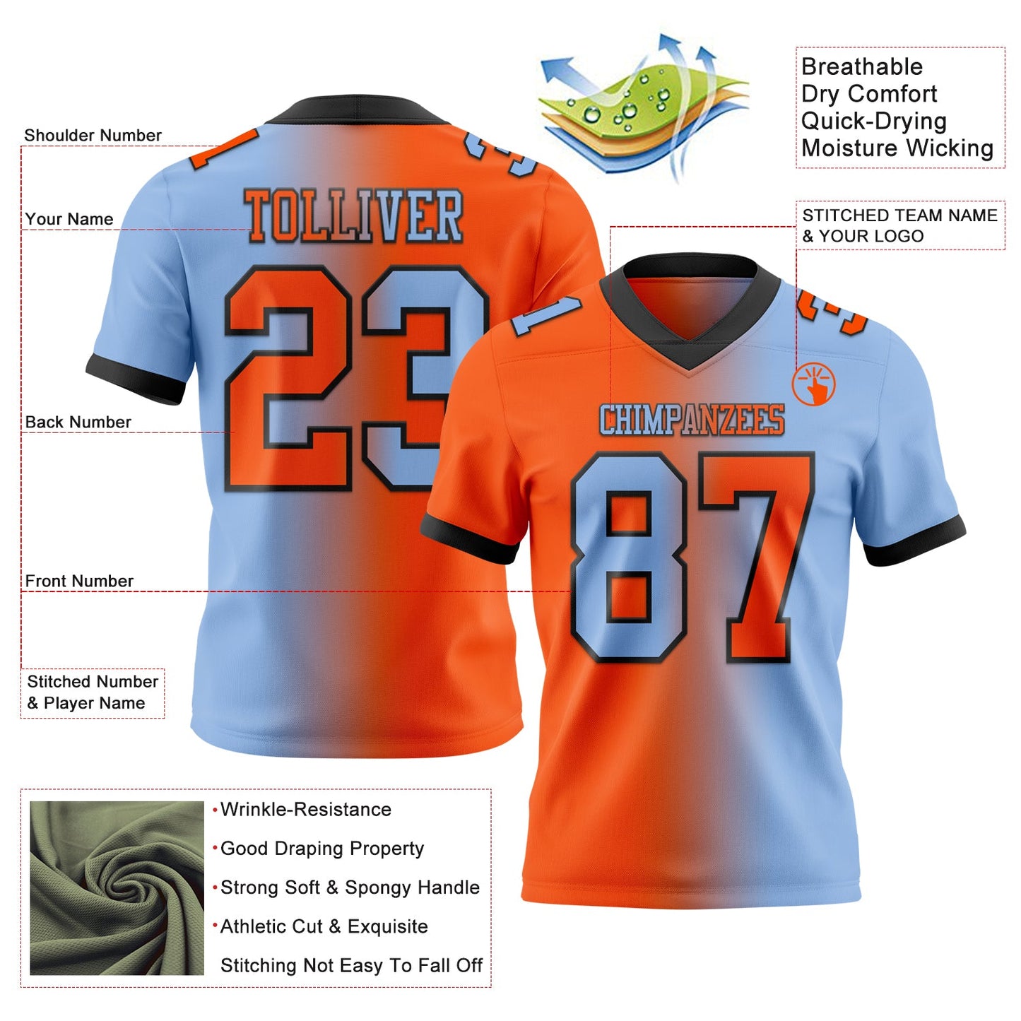 Custom Light Blue Orange-Black Mesh Authentic Gradient Fashion Football Jersey - Sky-Custom