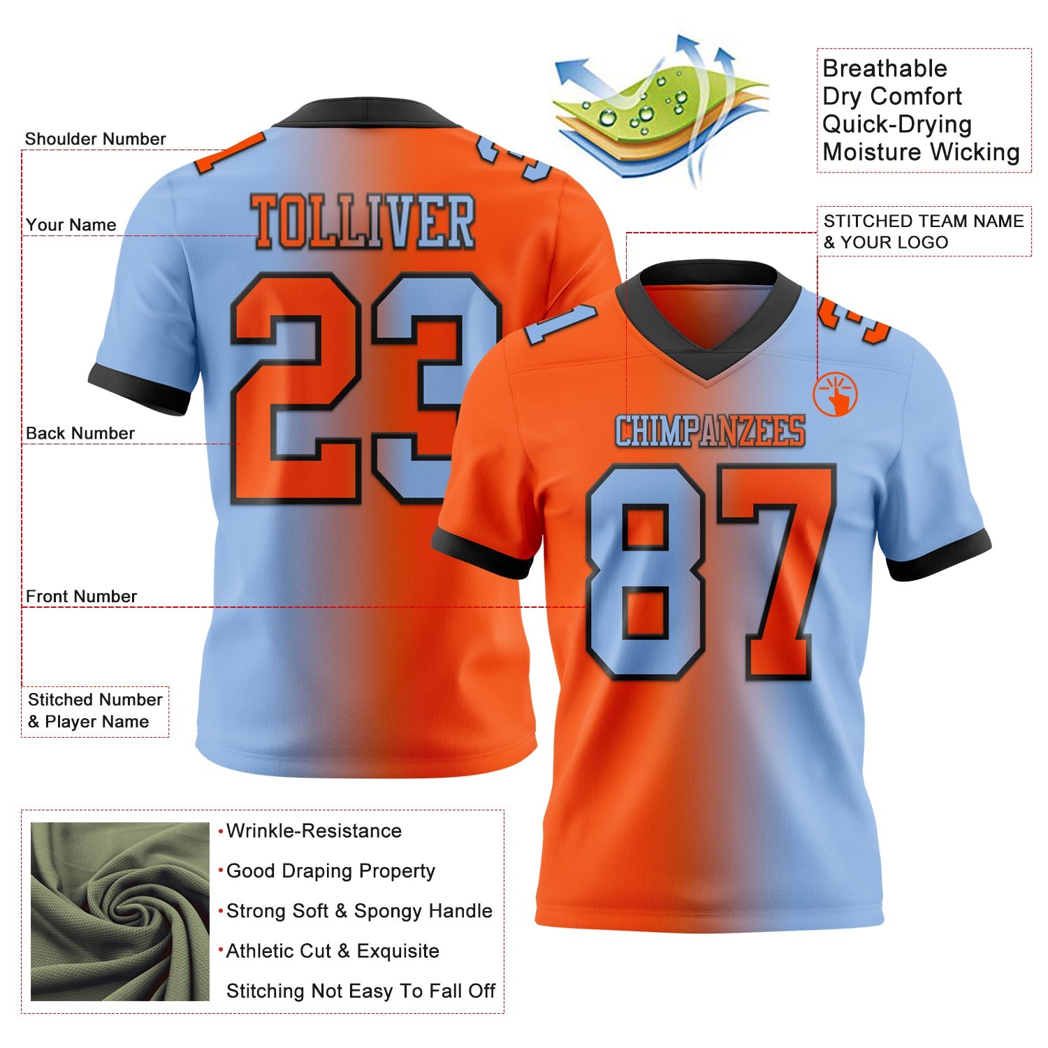 Custom Light Blue Orange-Black Mesh Authentic Gradient Fashion Football Jersey - Sky-Custom