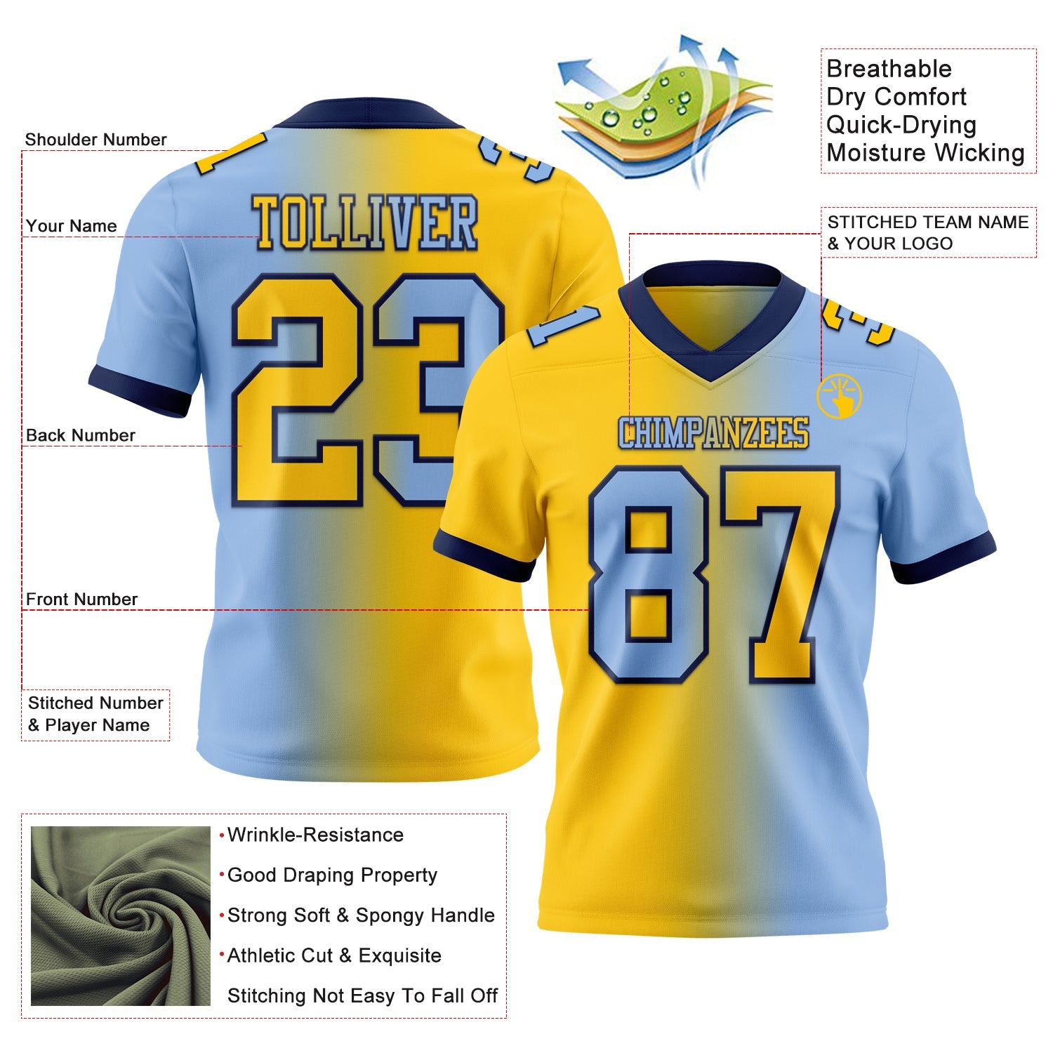Custom Light Blue Yellow-Navy Mesh Authentic Gradient Fashion Football Jersey - Sky-Custom