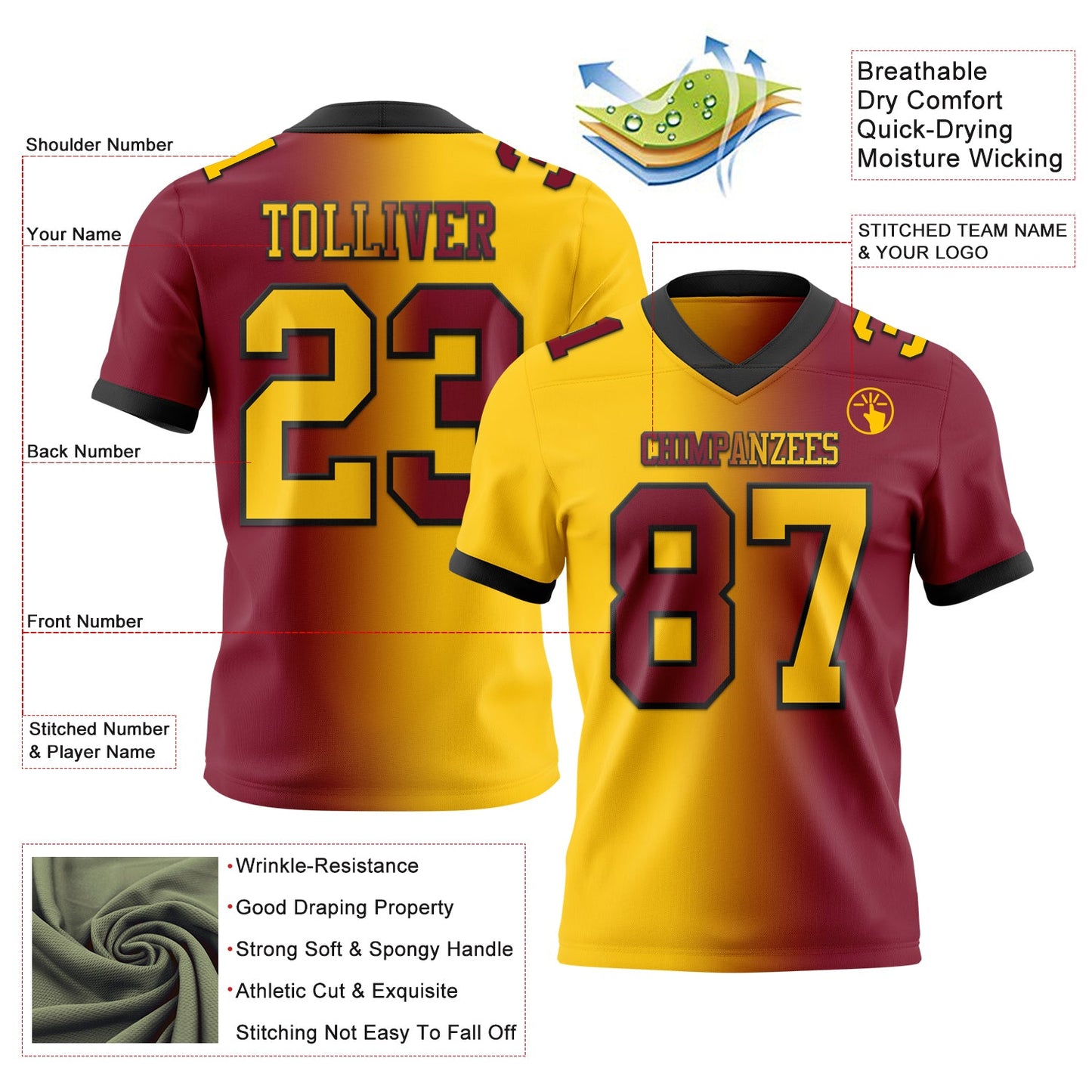 Custom Crimson Yellow-Black Mesh Authentic Gradient Fashion Football Jersey - Sky-Custom