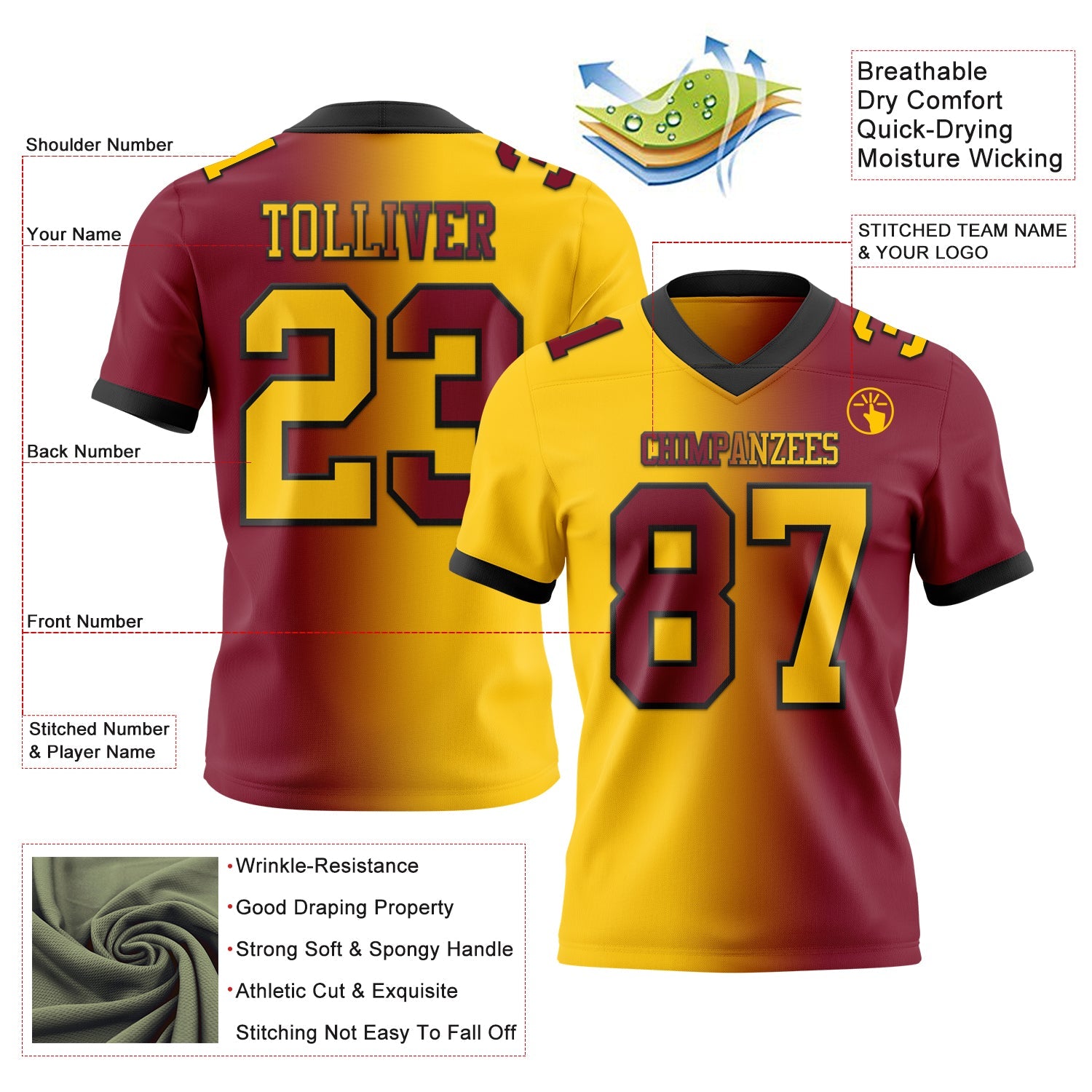 Custom Crimson Yellow-Black Mesh Authentic Gradient Fashion Football Jersey - Sky-Custom