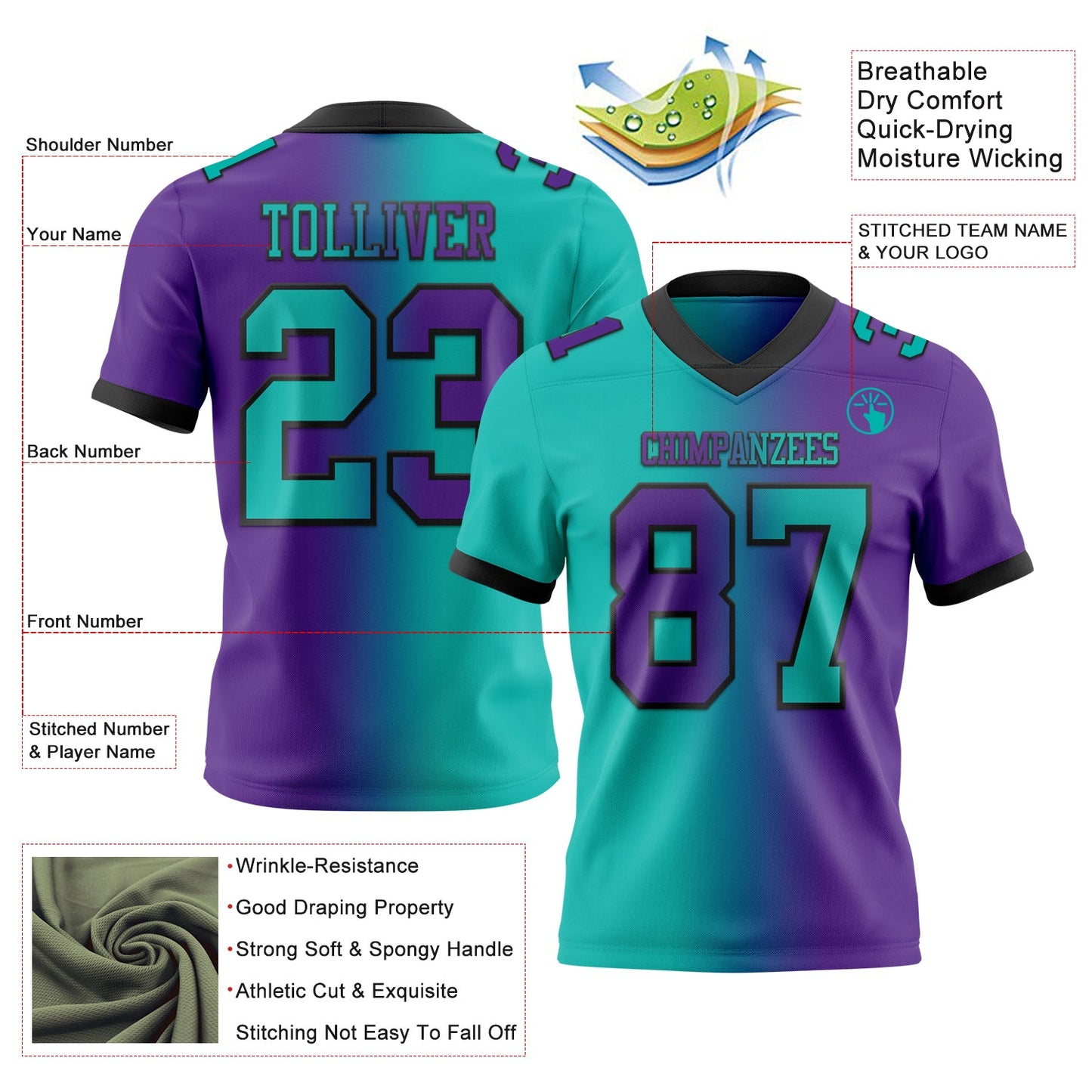 Custom Purple Aqua-Black Mesh Authentic Gradient Fashion Football Jersey - Sky-Custom
