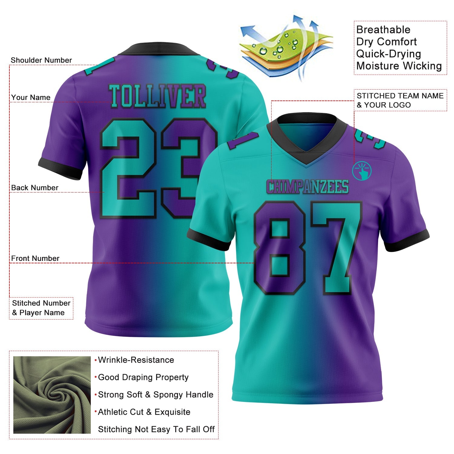 Custom Purple Aqua-Black Mesh Authentic Gradient Fashion Football Jersey - Sky-Custom