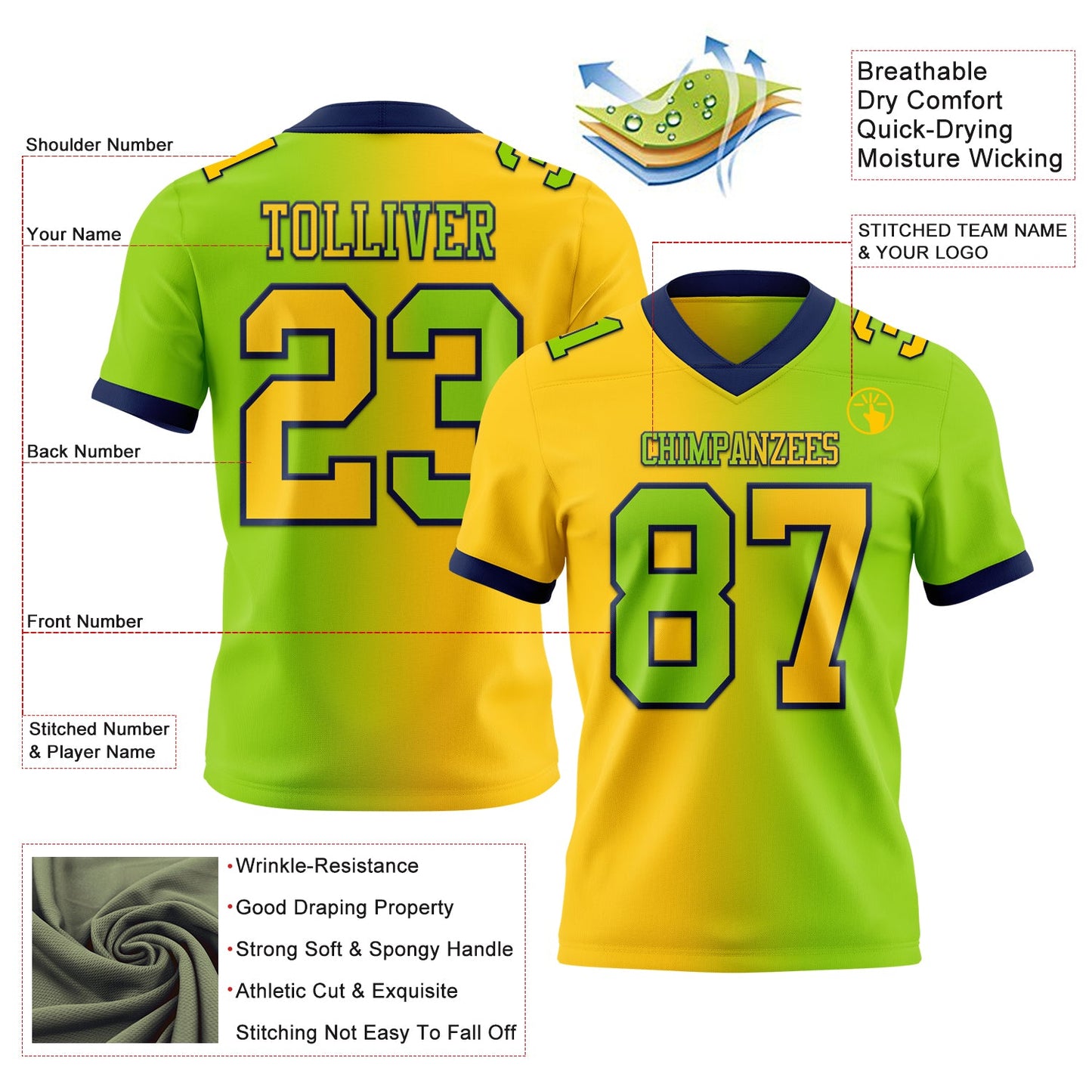 Custom Neon Green Yellow-Navy Mesh Authentic Gradient Fashion Football Jersey - Sky-Custom