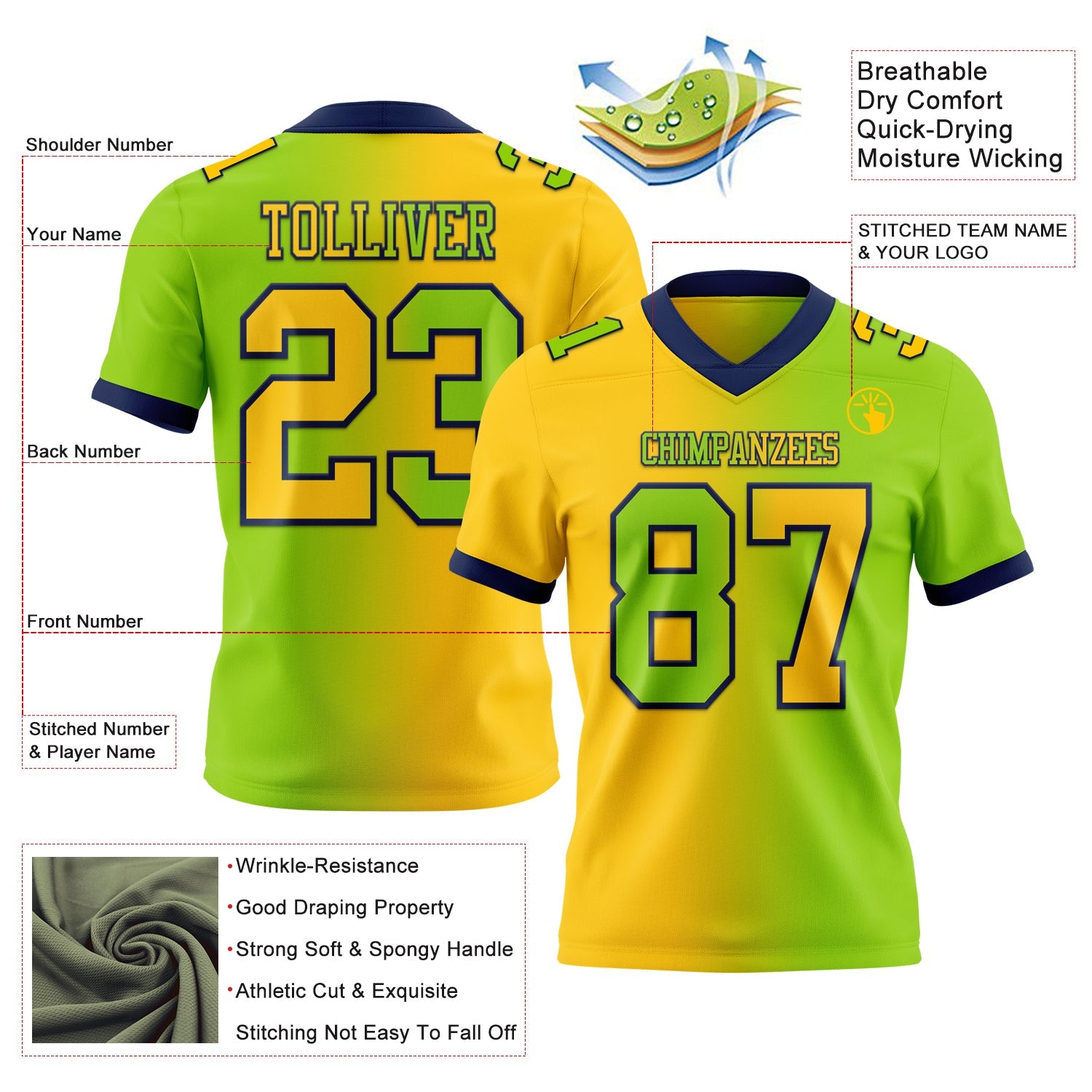 Custom Neon Green Yellow-Navy Mesh Authentic Gradient Fashion Football Jersey - Sky-Custom