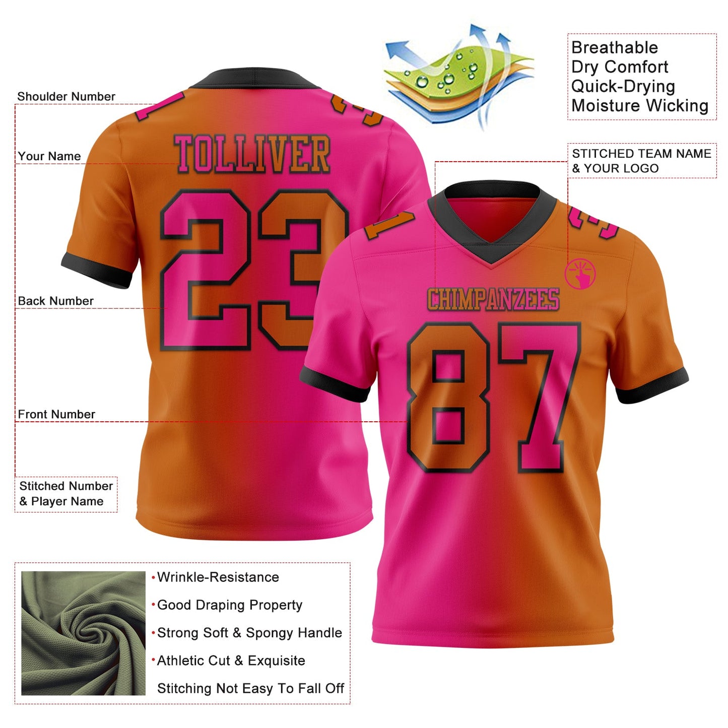 Custom Texas Orange Hot Pink-Black Mesh Authentic Gradient Fashion Football Jersey - Sky-Custom