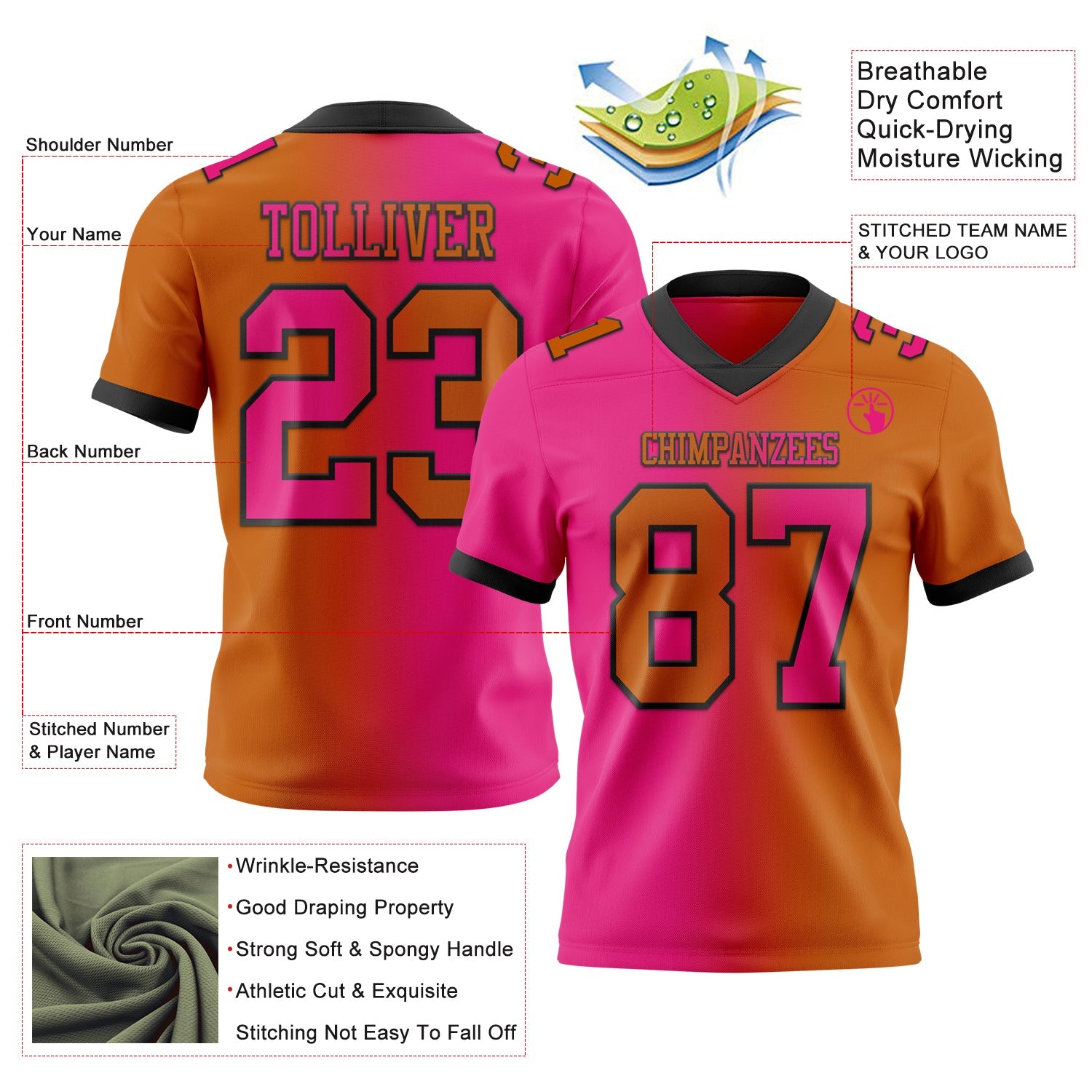 Custom Texas Orange Hot Pink-Black Mesh Authentic Gradient Fashion Football Jersey - Sky-Custom