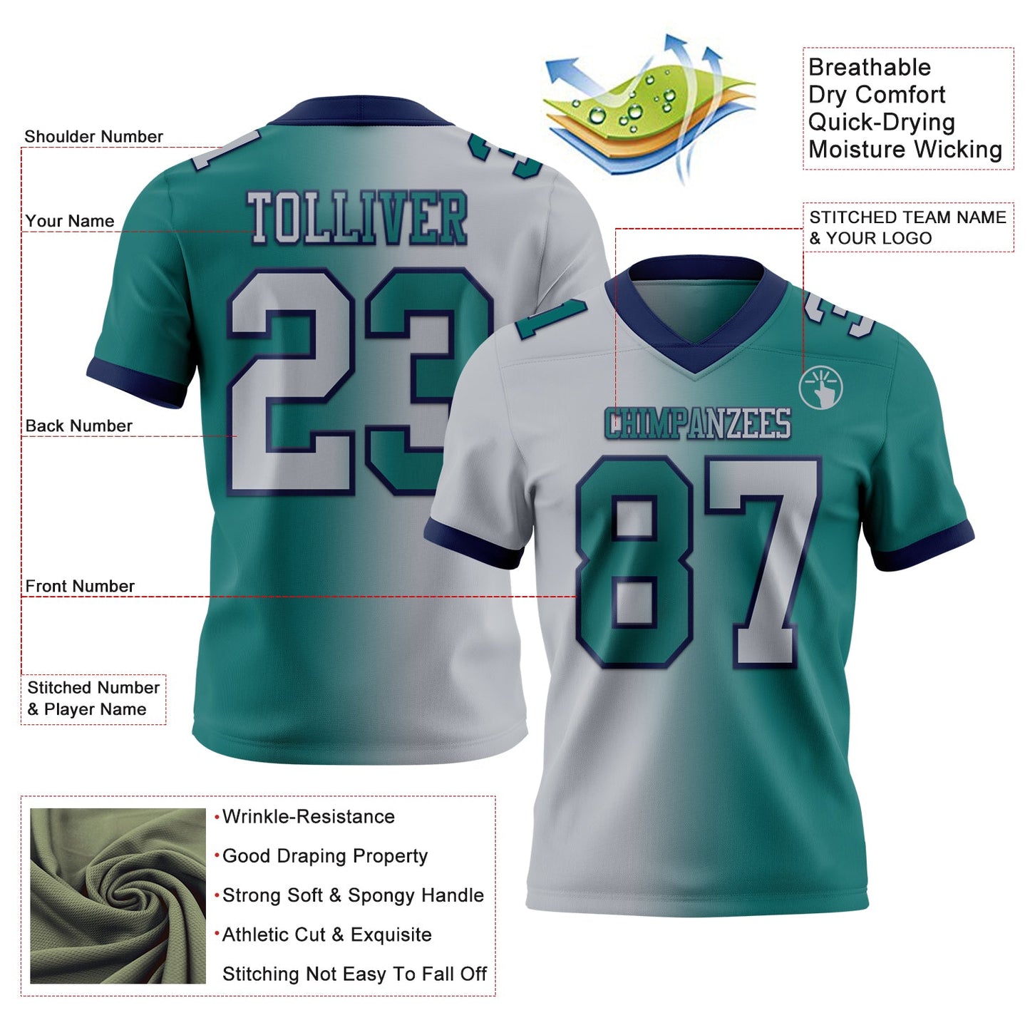 Custom Teal Gray-Navy Mesh Authentic Gradient Fashion Football Jersey - Sky-Custom