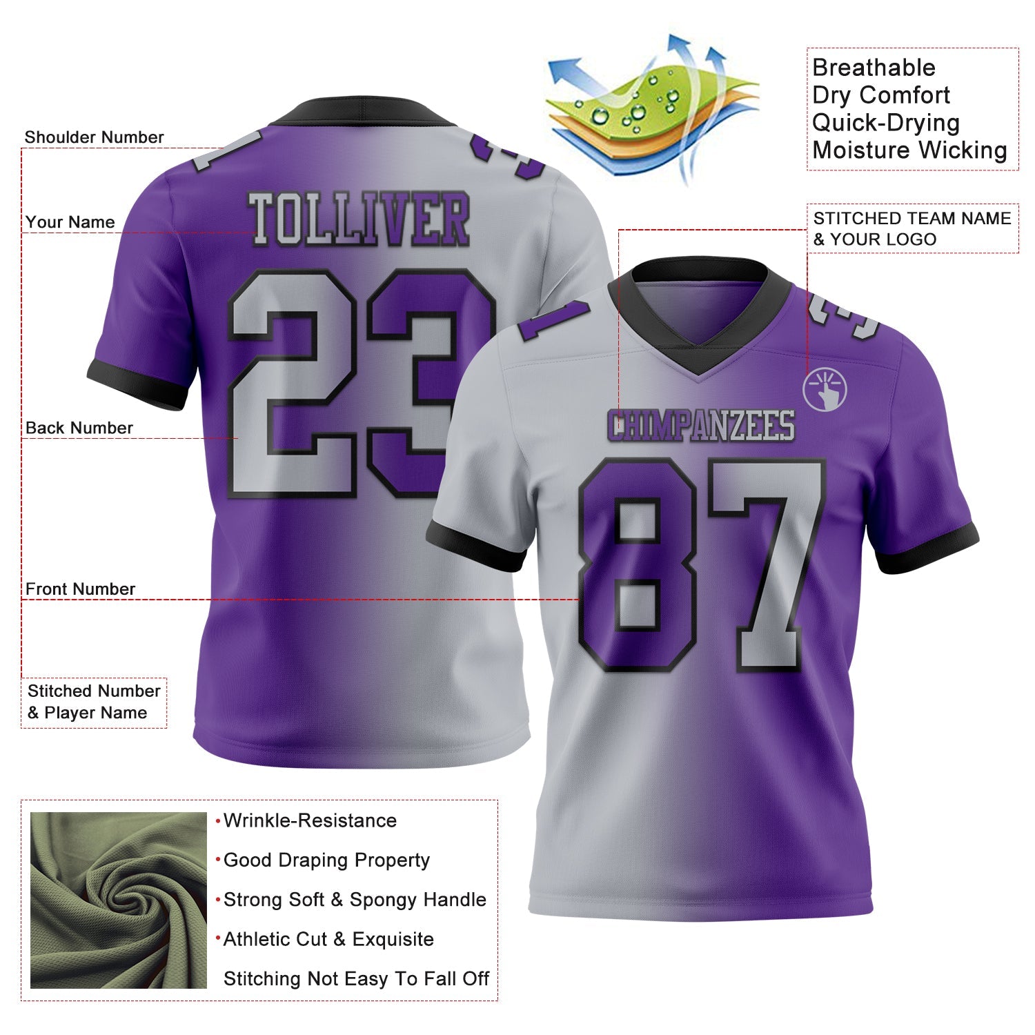 Custom Purple Gray-Black Mesh Authentic Gradient Fashion Football Jersey - Sky-Custom