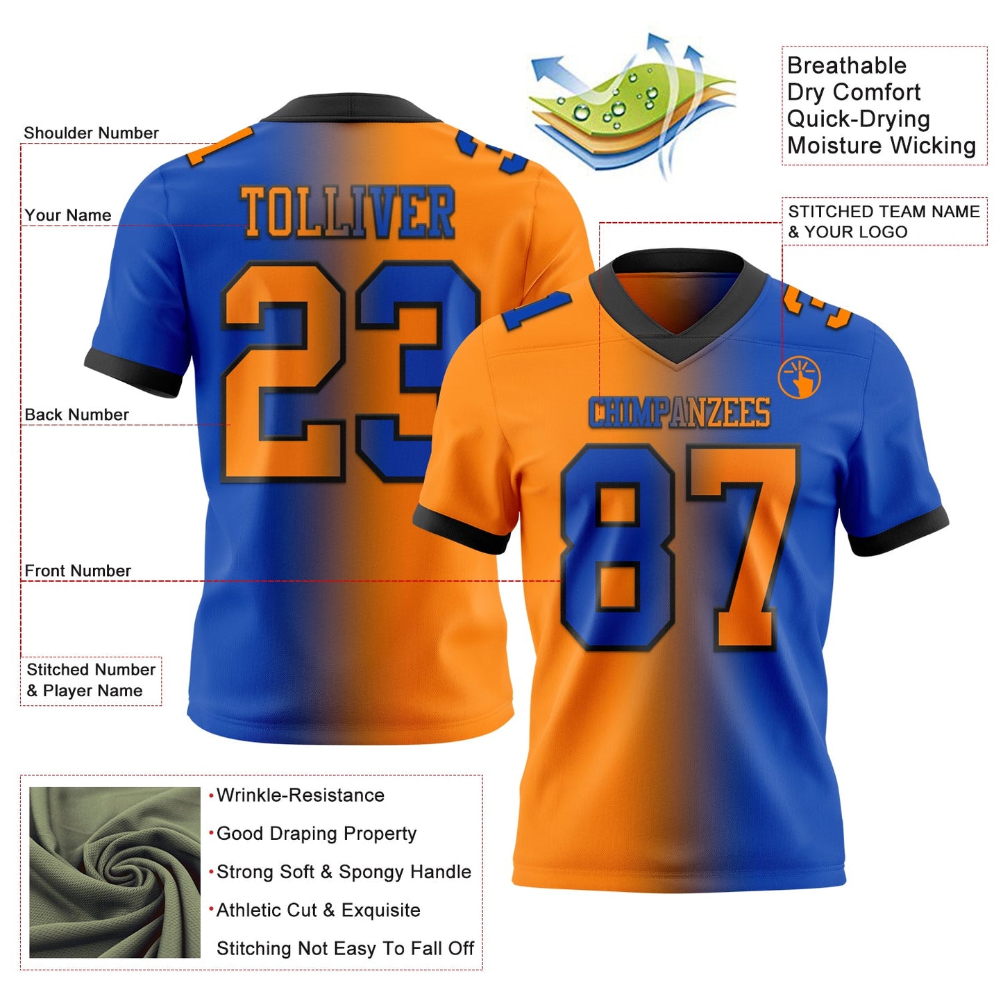Custom Thunder Blue Bay Orange-Black Mesh Authentic Gradient Fashion Football Jersey - Sky-Custom