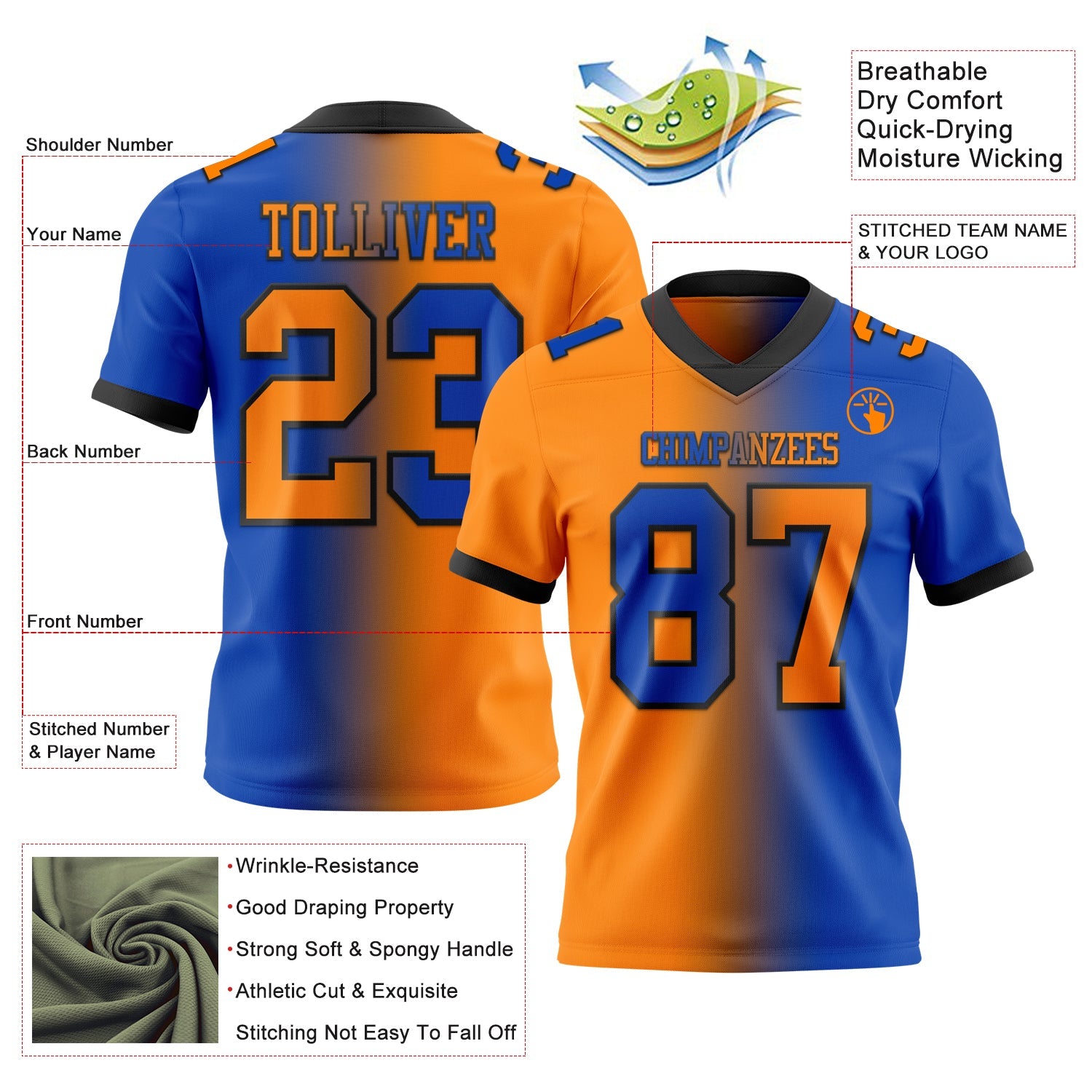 Custom Thunder Blue Bay Orange-Black Mesh Authentic Gradient Fashion Football Jersey - Sky-Custom