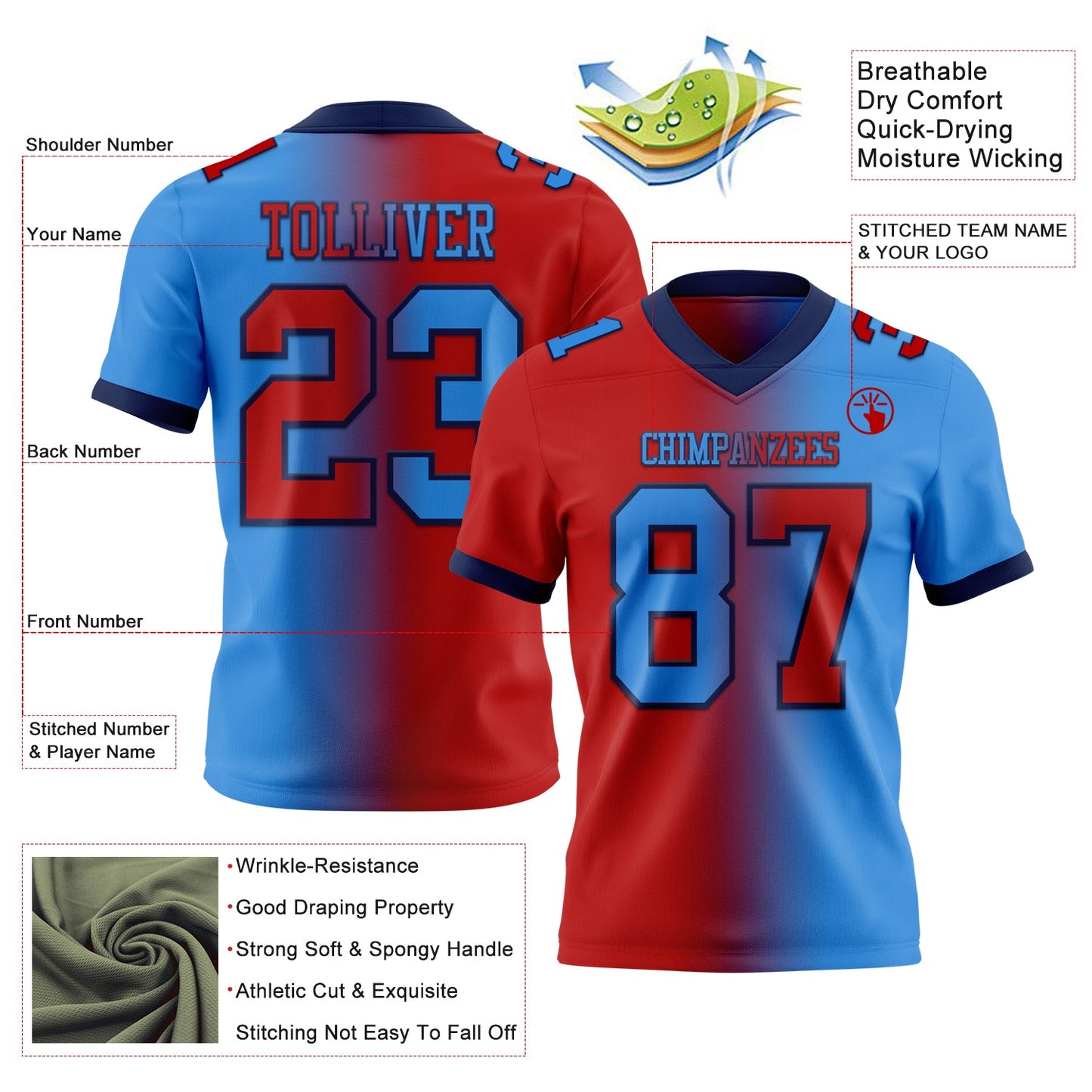 Custom Powder Blue Red-Navy Mesh Authentic Gradient Fashion Football Jersey - Sky-Custom
