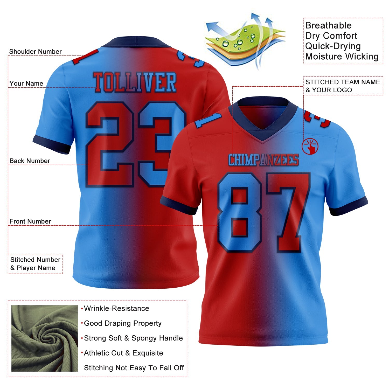 Custom Powder Blue Red-Navy Mesh Authentic Gradient Fashion Football Jersey - Sky-Custom