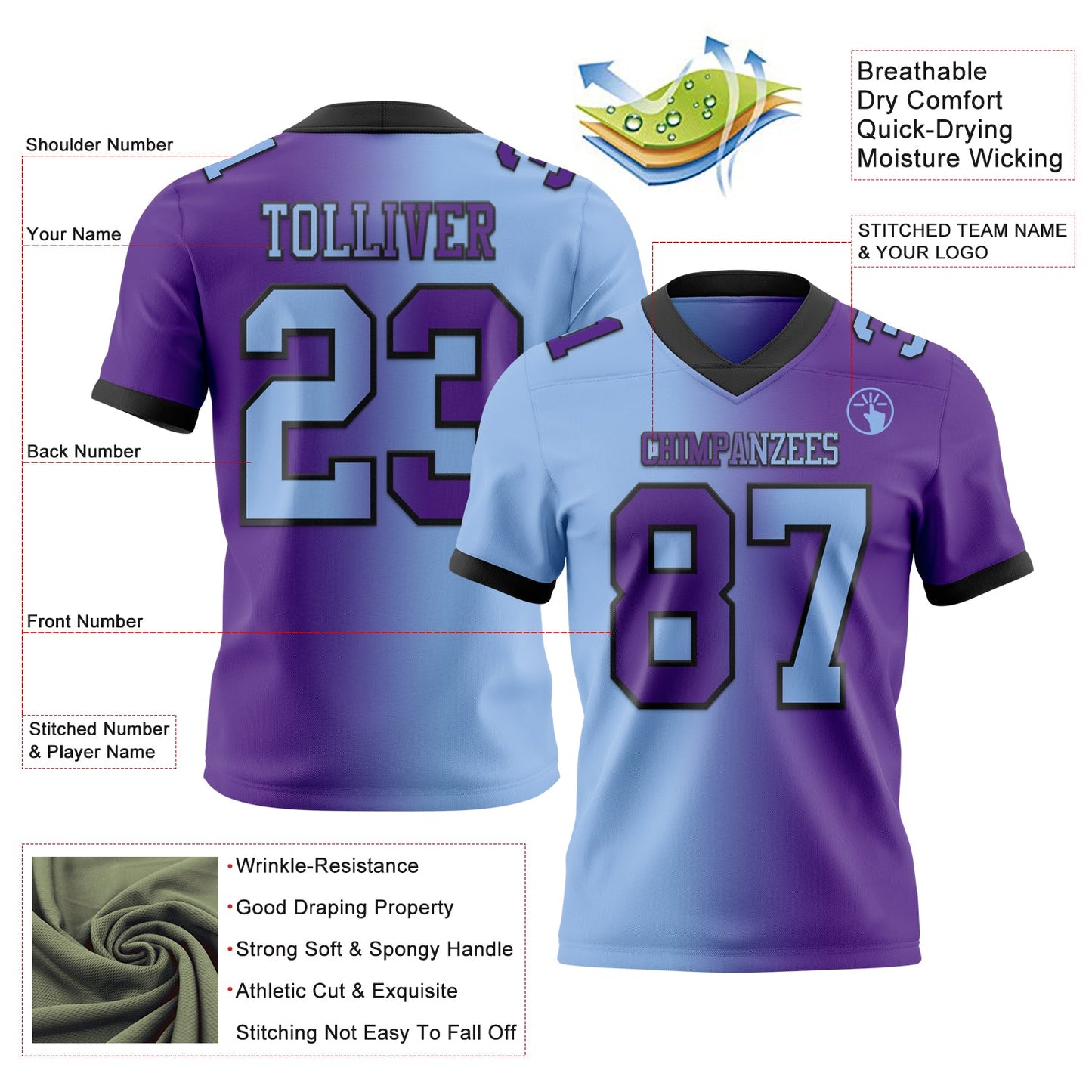 Custom Purple Light Blue-Black Mesh Authentic Gradient Fashion Football Jersey - Sky-Custom