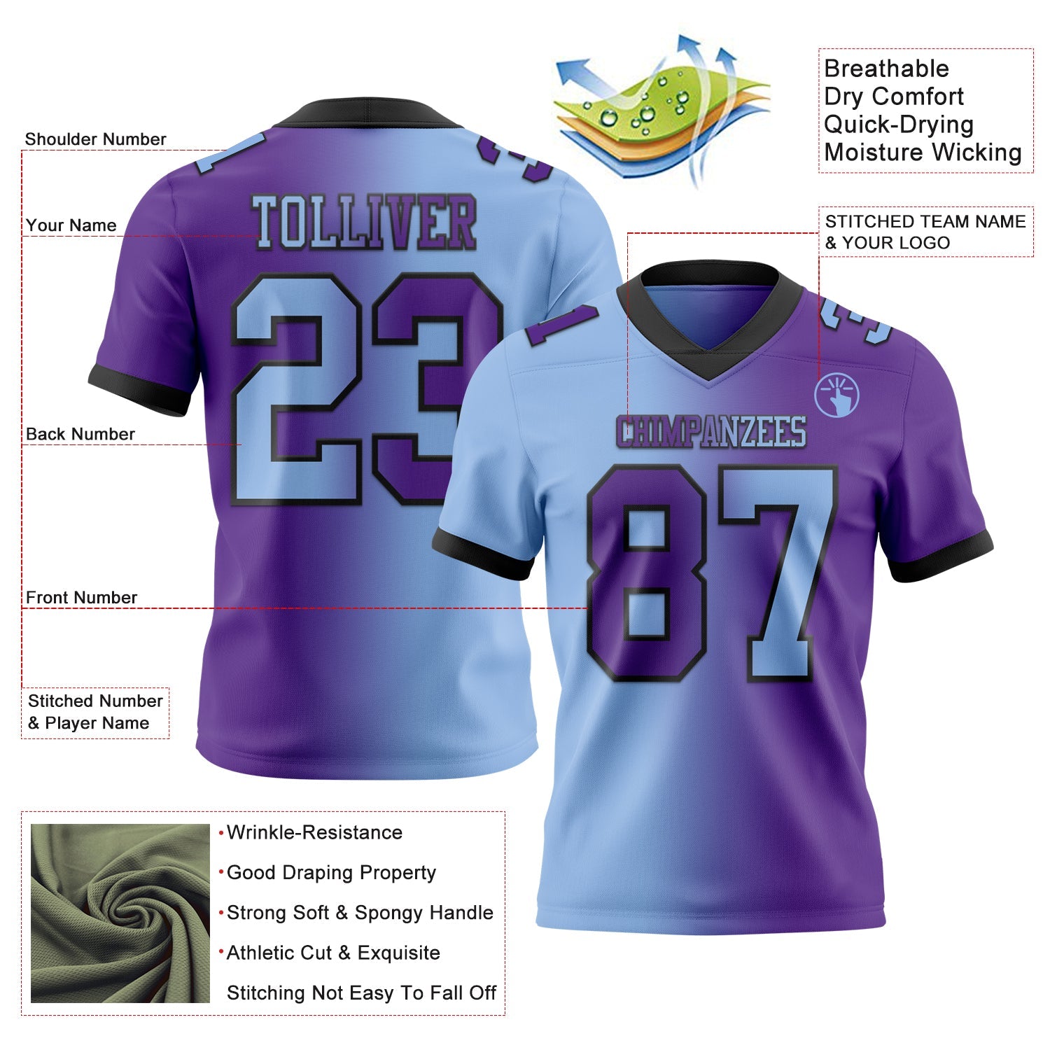 Custom Purple Light Blue-Black Mesh Authentic Gradient Fashion Football Jersey - Sky-Custom