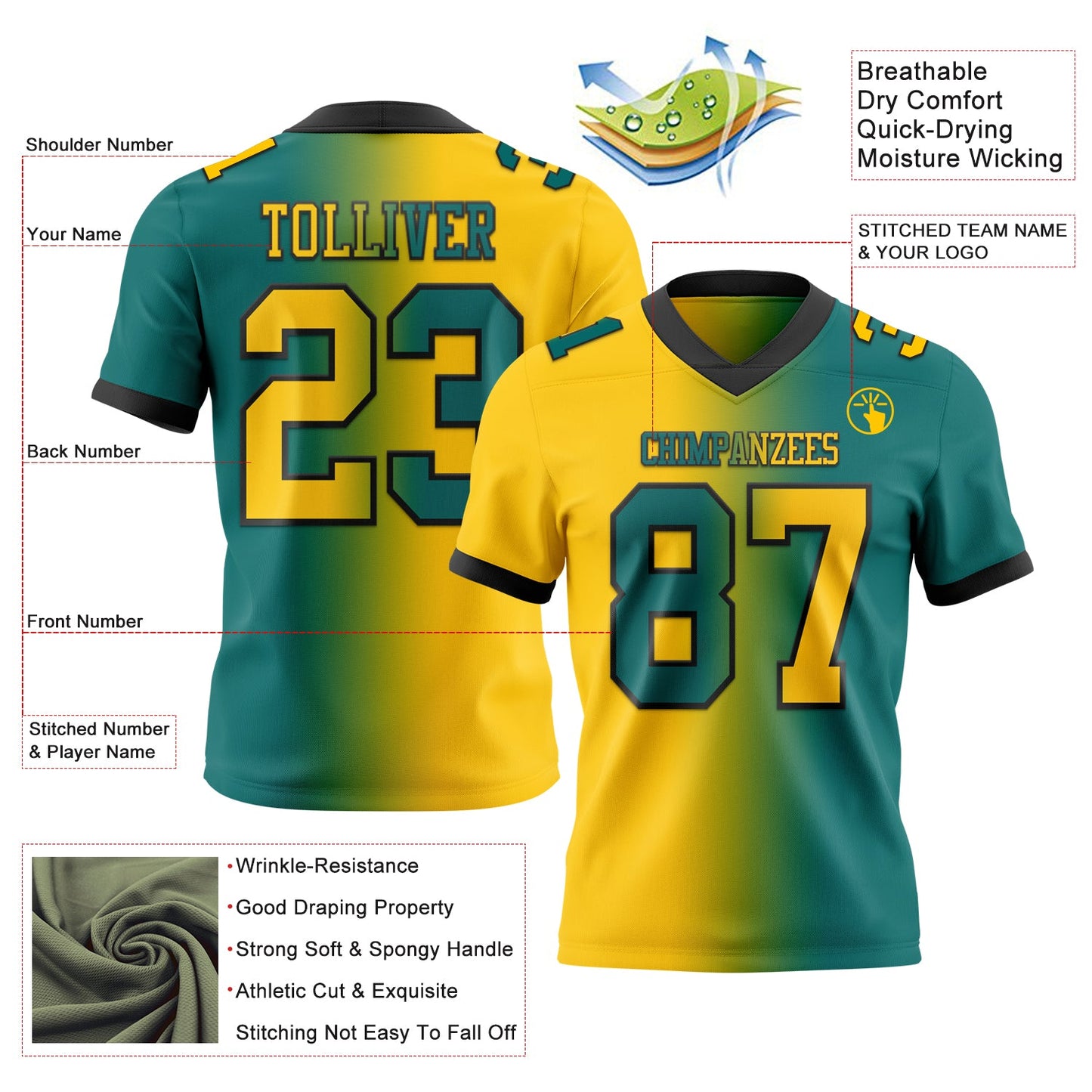 Custom Teal Yellow-Black Mesh Authentic Gradient Fashion Football Jersey - Sky-Custom