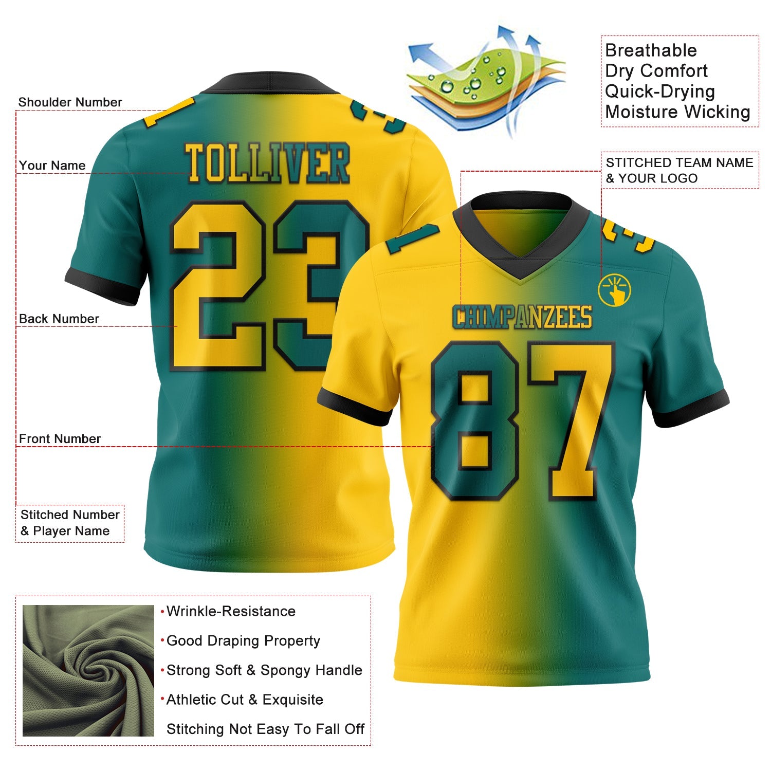 Custom Teal Yellow-Black Mesh Authentic Gradient Fashion Football Jersey - Sky-Custom