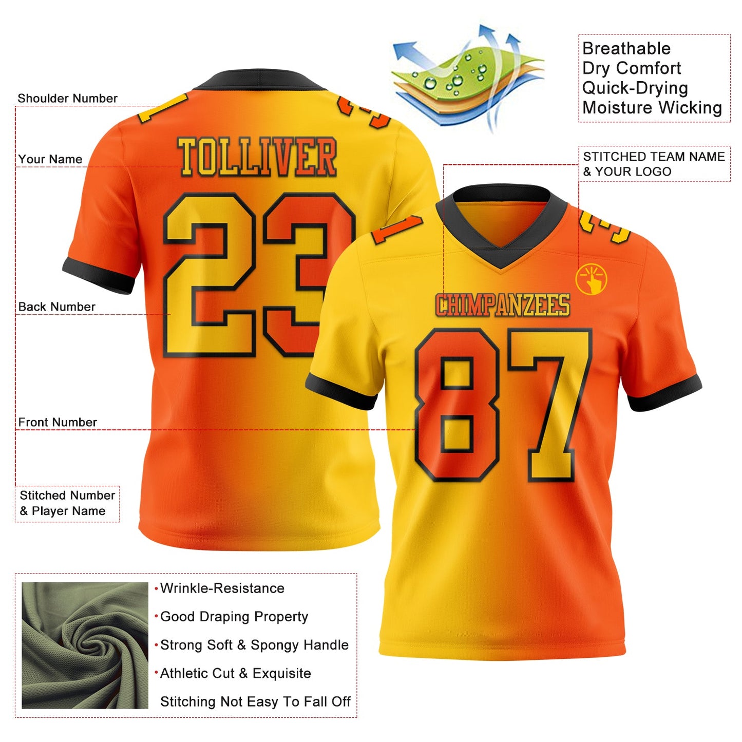 Custom Orange Yellow-Black Mesh Authentic Gradient Fashion Football Jersey - Sky-Custom