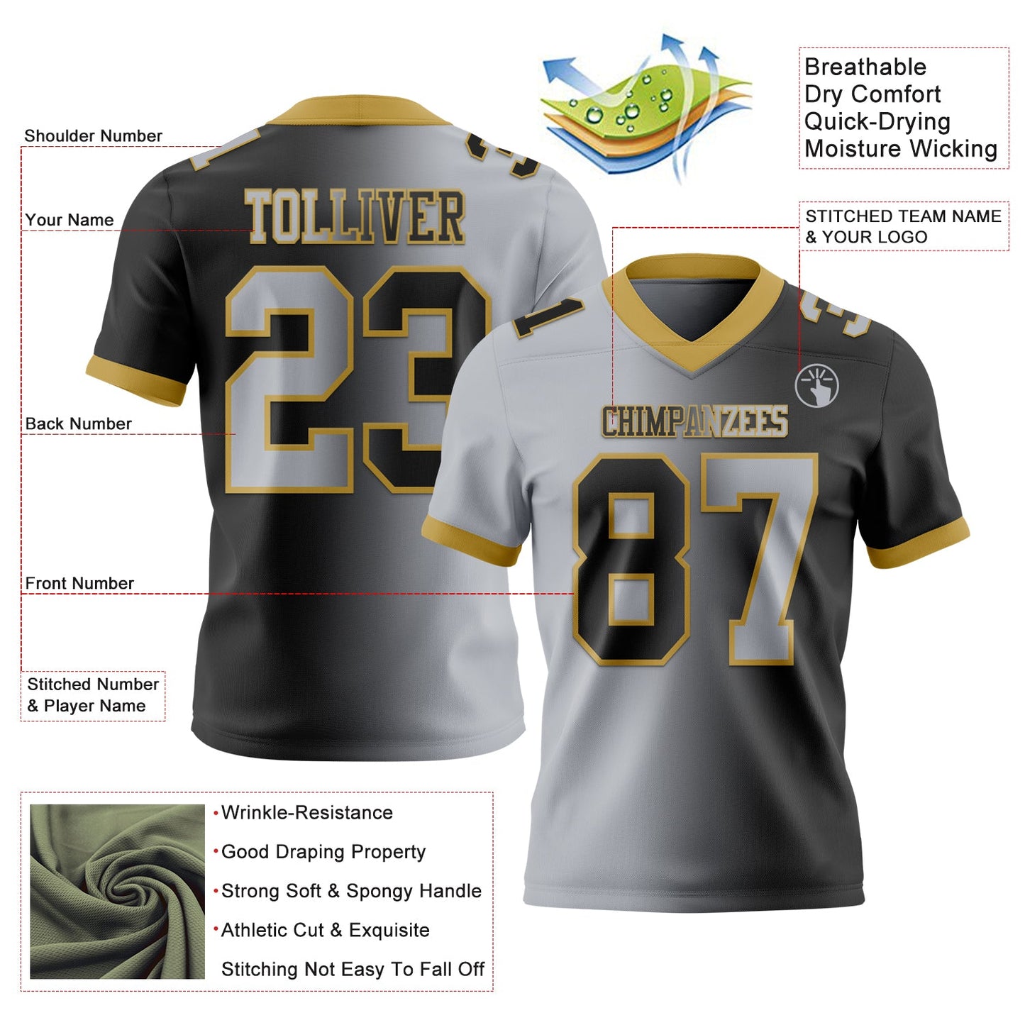 Custom Black Gray-Old Gold Mesh Authentic Gradient Fashion Football Jersey - Sky-Custom