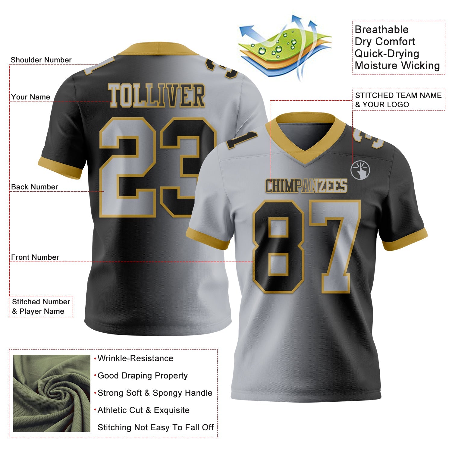 Custom Black Gray-Old Gold Mesh Authentic Gradient Fashion Football Jersey - Sky-Custom