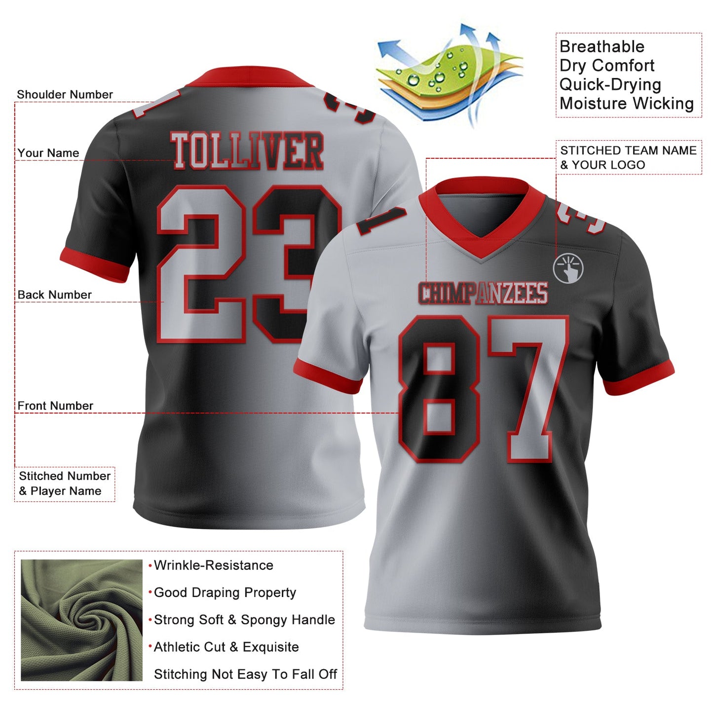 Custom Black Gray-Red Mesh Authentic Gradient Fashion Football Jersey - Sky-Custom