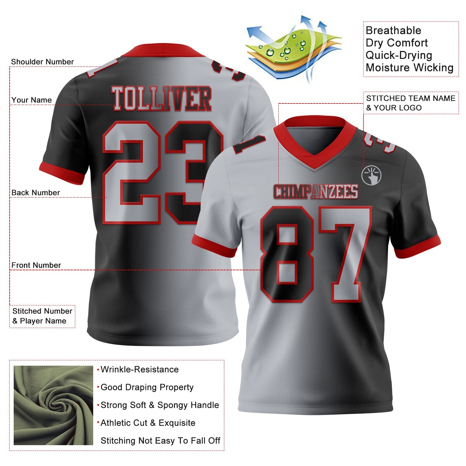 Custom Black Gray-Red Mesh Authentic Gradient Fashion Football Jersey - Sky-Custom