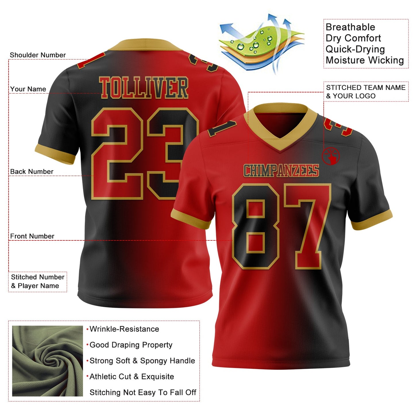 Custom Black Red-Old Gold Mesh Authentic Gradient Fashion Football Jersey - Sky-Custom