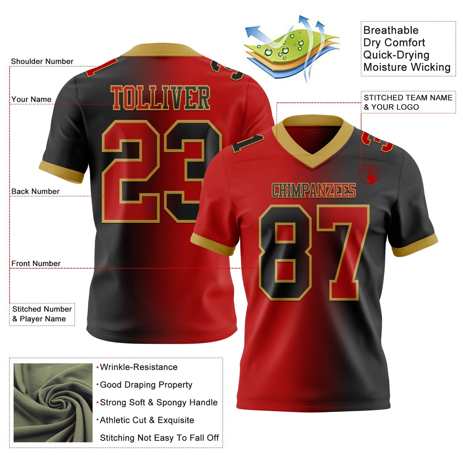 Custom Black Red-Old Gold Mesh Authentic Gradient Fashion Football Jersey - Sky-Custom