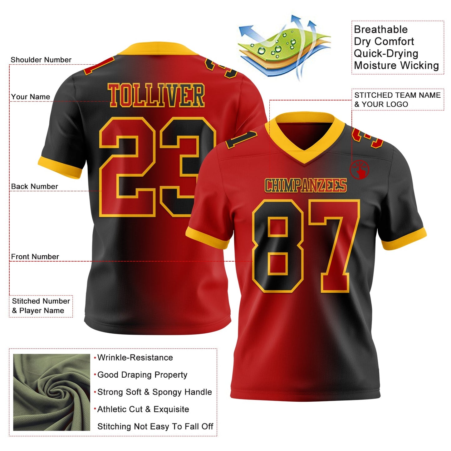 Custom Black Red-Gold Mesh Authentic Gradient Fashion Football Jersey - Sky-Custom