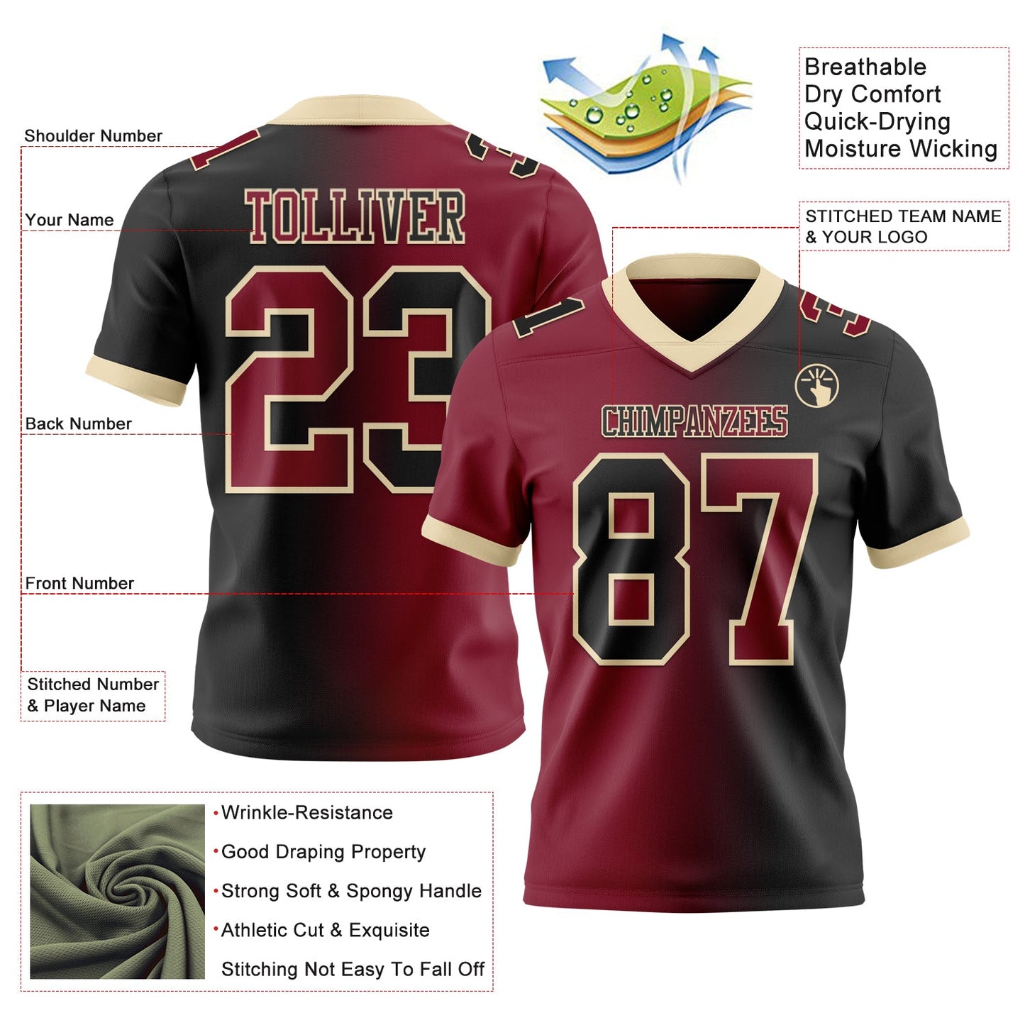 Custom Black Crimson-Cream Mesh Authentic Gradient Fashion Football Jersey - Sky-Custom