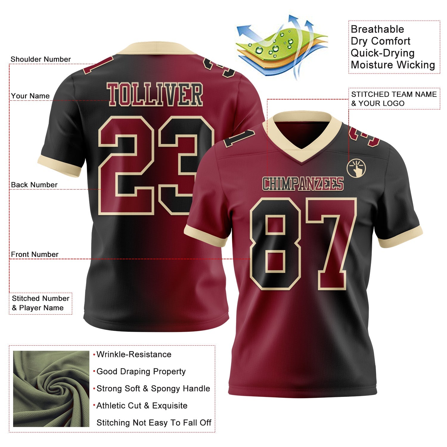 Custom Black Crimson-Cream Mesh Authentic Gradient Fashion Football Jersey - Sky-Custom