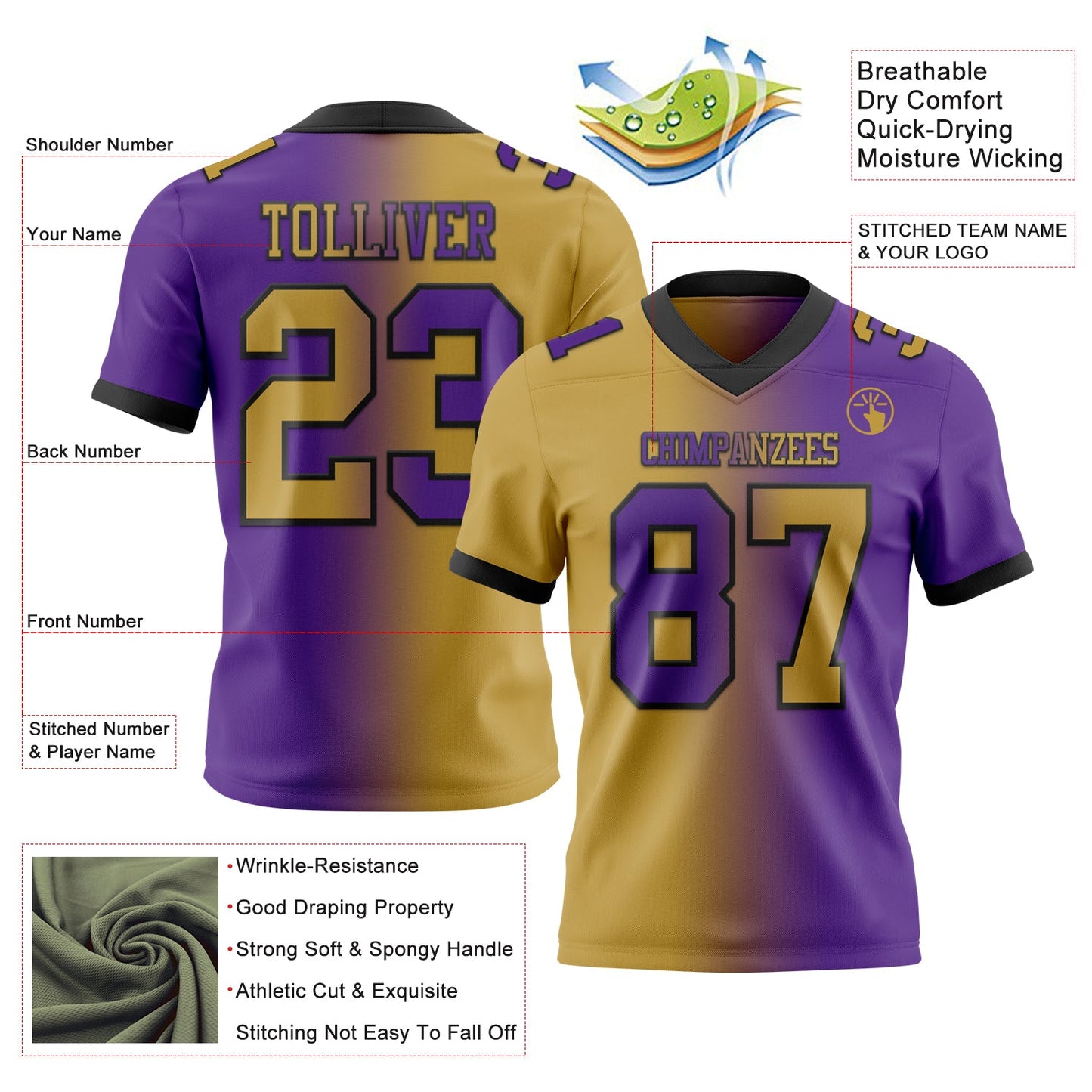 Custom Purple Old Gold-Black Mesh Authentic Gradient Fashion Football Jersey - Sky-Custom