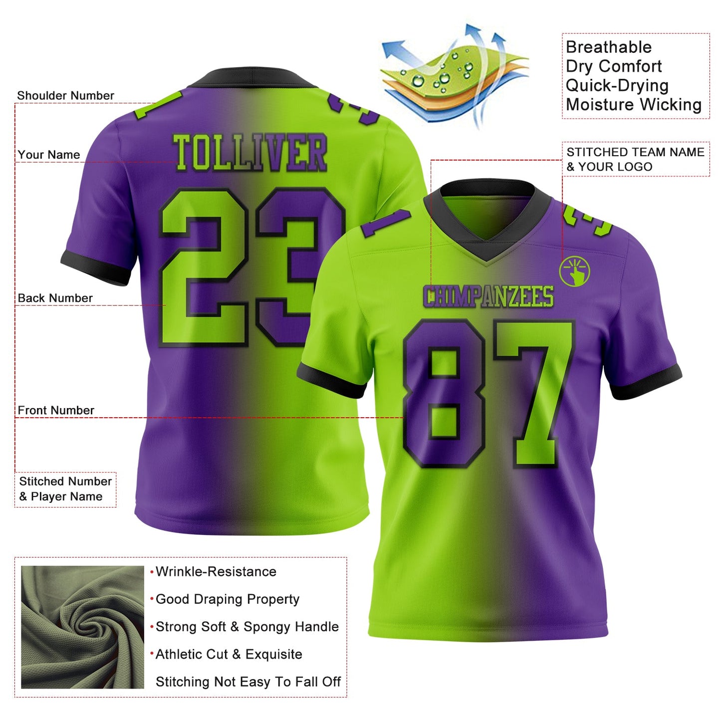 Custom Purple Neon Green-Black Mesh Authentic Gradient Fashion Football Jersey - Sky-Custom