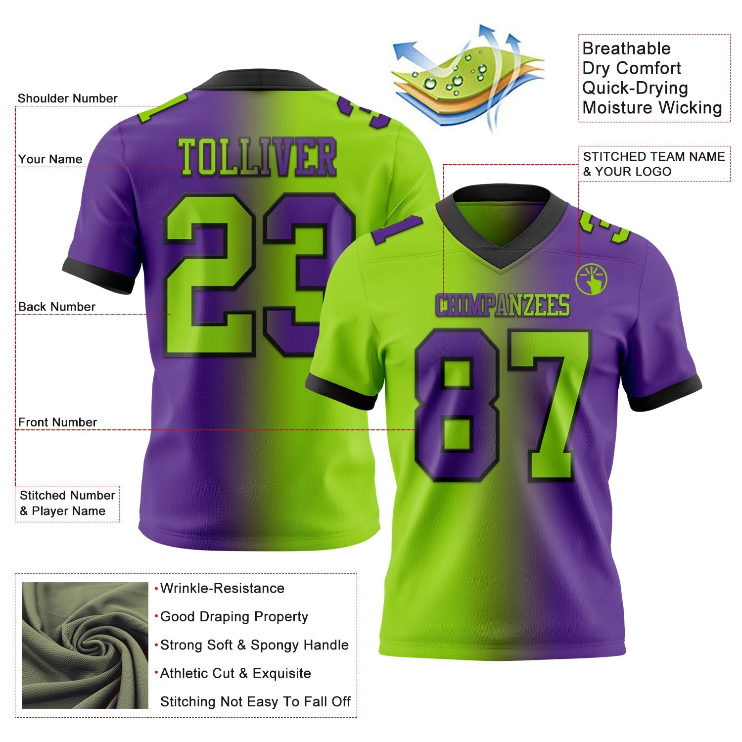 Custom Purple Neon Green-Black Mesh Authentic Gradient Fashion Football Jersey - Sky-Custom