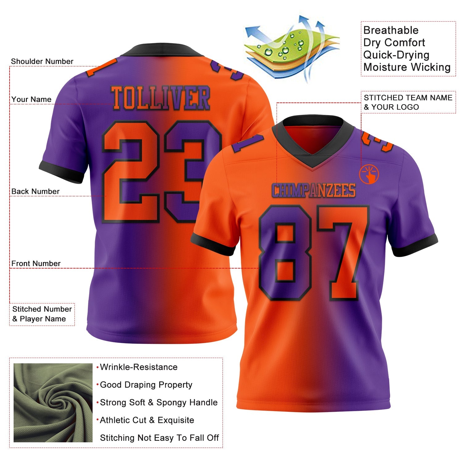 Custom Purple Orange-Black Mesh Authentic Gradient Fashion Football Jersey - Sky-Custom