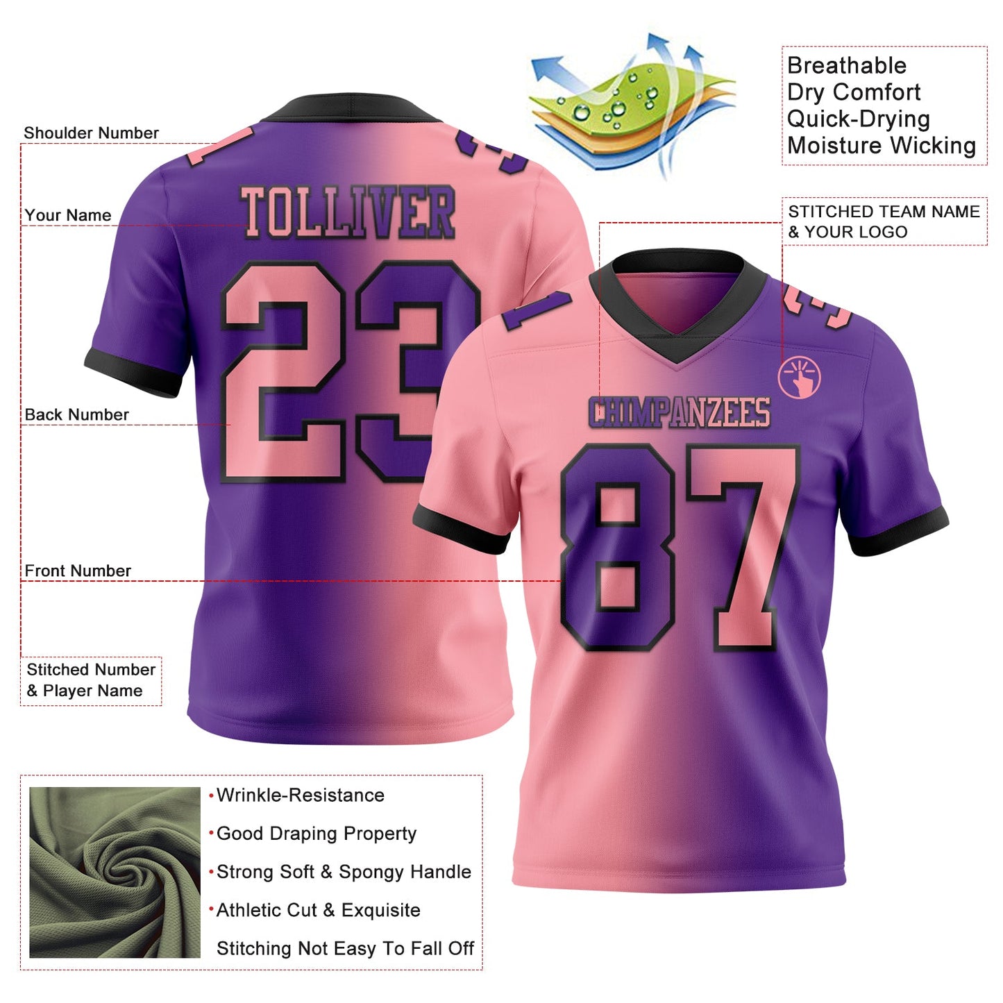 Custom Purple Medium Pink-Black Mesh Authentic Gradient Fashion Football Jersey - Sky-Custom