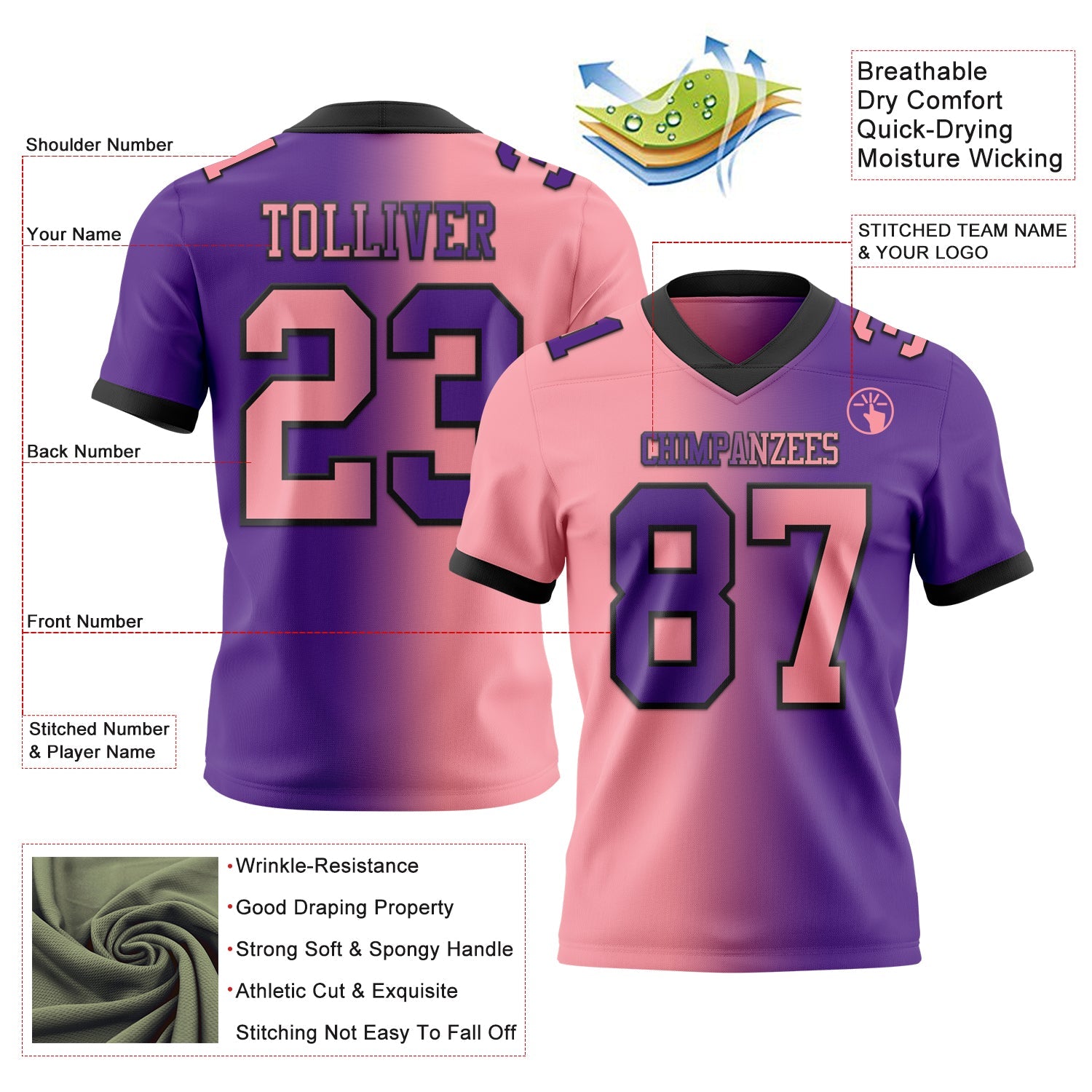 Custom Purple Medium Pink-Black Mesh Authentic Gradient Fashion Football Jersey - Sky-Custom