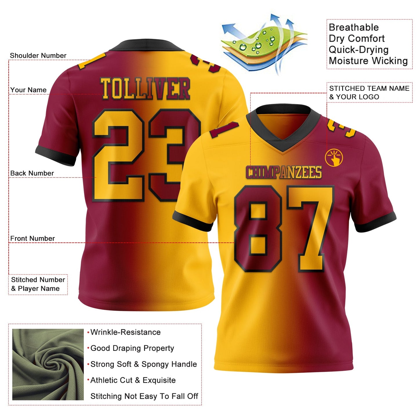 Custom Maroon Gold-Black Mesh Authentic Gradient Fashion Football Jersey - Sky-Custom
