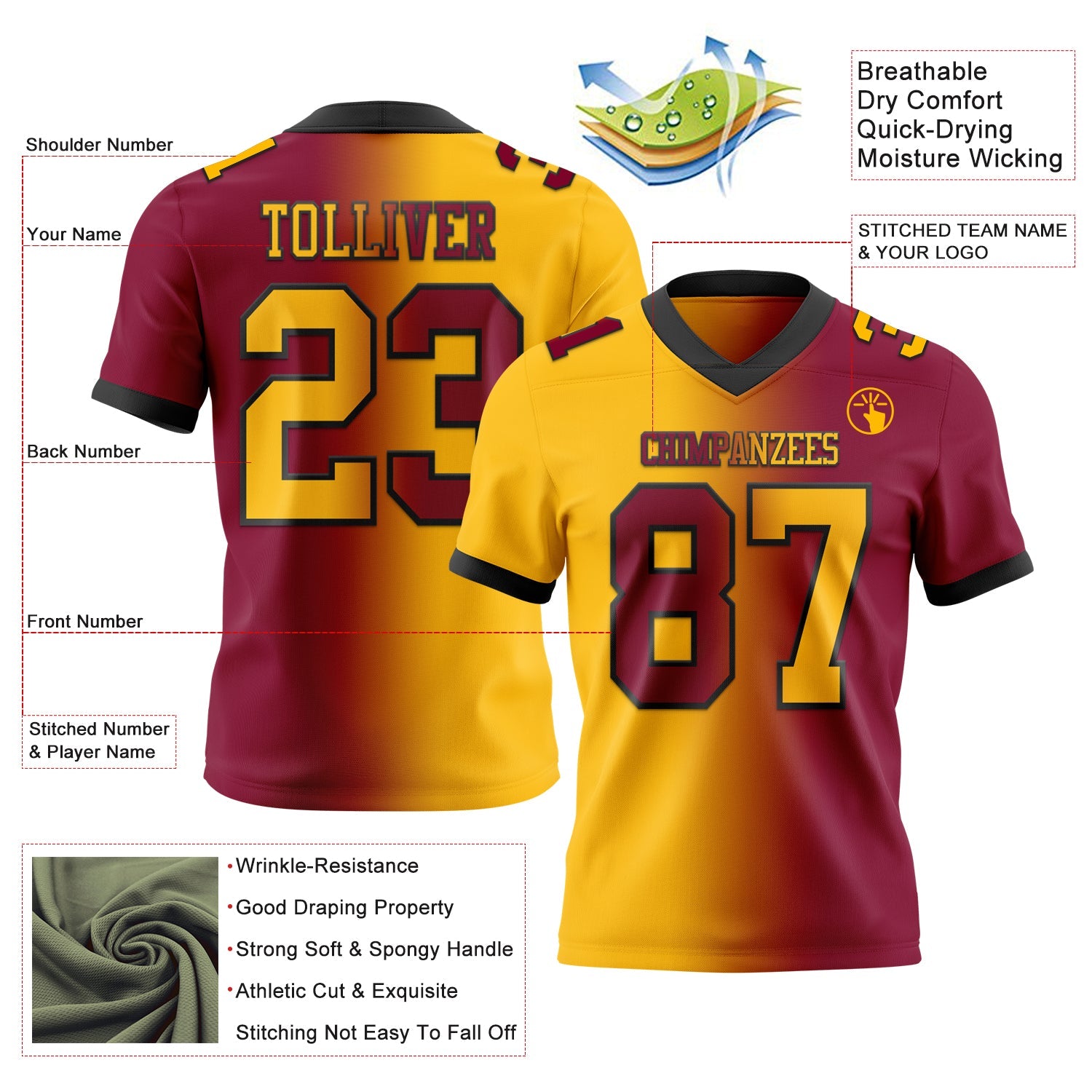 Custom Maroon Gold-Black Mesh Authentic Gradient Fashion Football Jersey - Sky-Custom