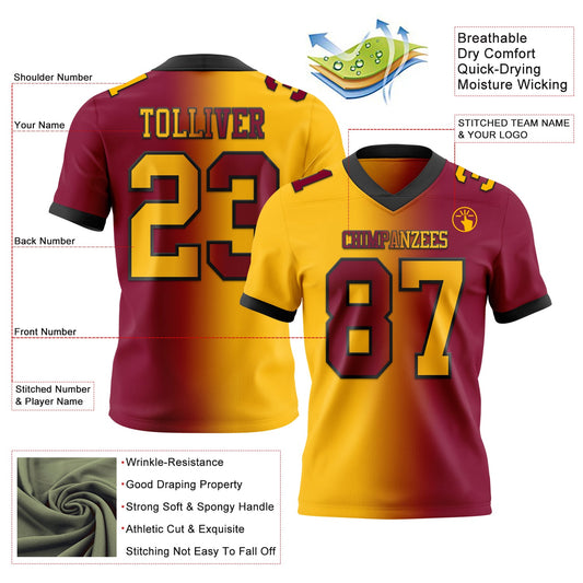 Custom Maroon Gold-Black Mesh Authentic Gradient Fashion Football Jersey - Sky-Custom