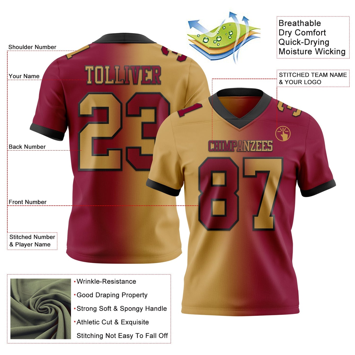 Custom Maroon Old Gold-Black Mesh Authentic Gradient Fashion Football Jersey - Sky-Custom