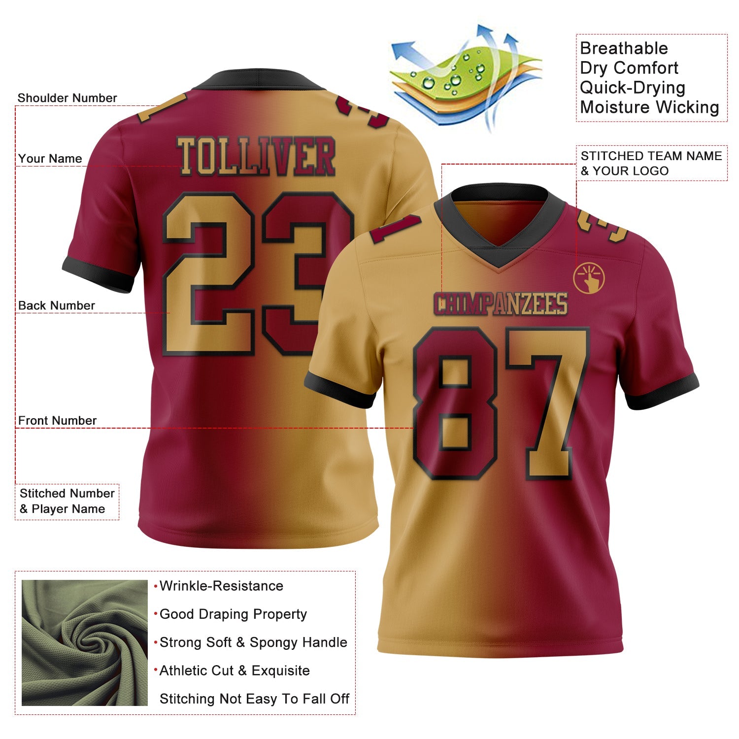 Custom Maroon Old Gold-Black Mesh Authentic Gradient Fashion Football Jersey - Sky-Custom