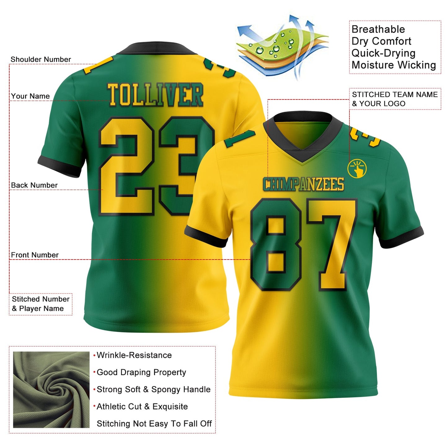 Custom Kelly Green Yellow-Black Mesh Authentic Gradient Fashion Football Jersey - Sky-Custom