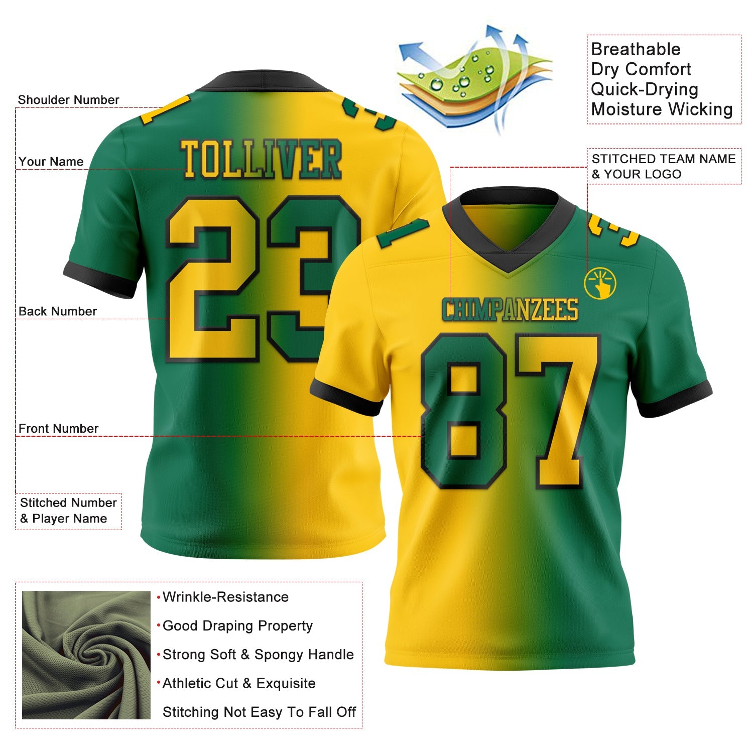 Custom Kelly Green Yellow-Black Mesh Authentic Gradient Fashion Football Jersey - Sky-Custom
